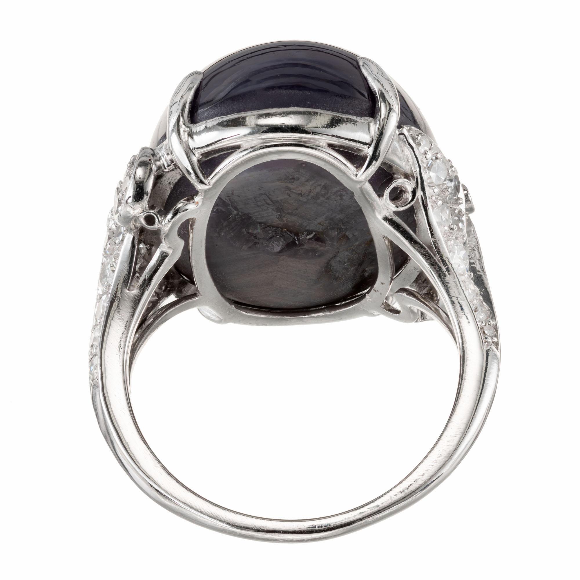 GIA Certified 30.37 Carat Oval Cabochon Star Sapphire Diamond Platinum Ring In Good Condition For Sale In Stamford, CT