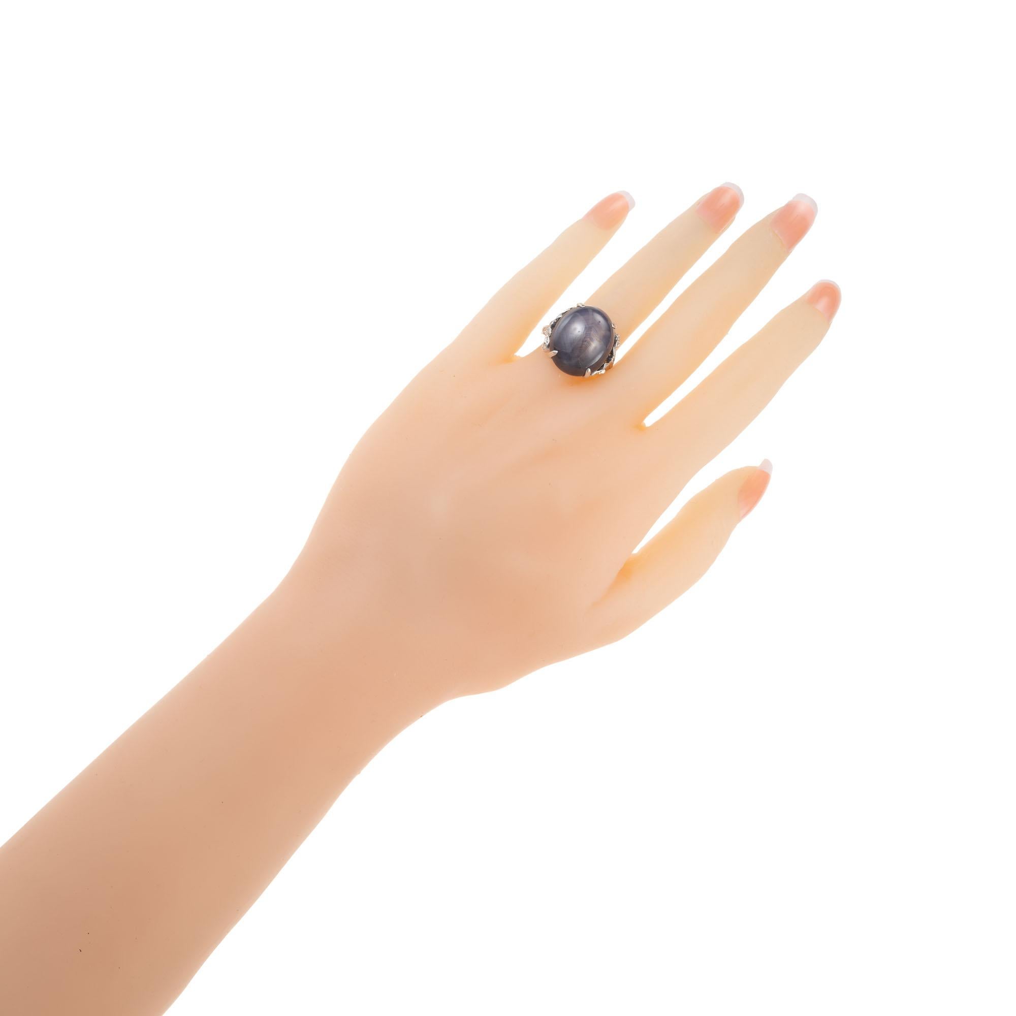 GIA Certified 30.37 Carat Oval Cabochon Star Sapphire Diamond Platinum Ring In Good Condition For Sale In Stamford, CT