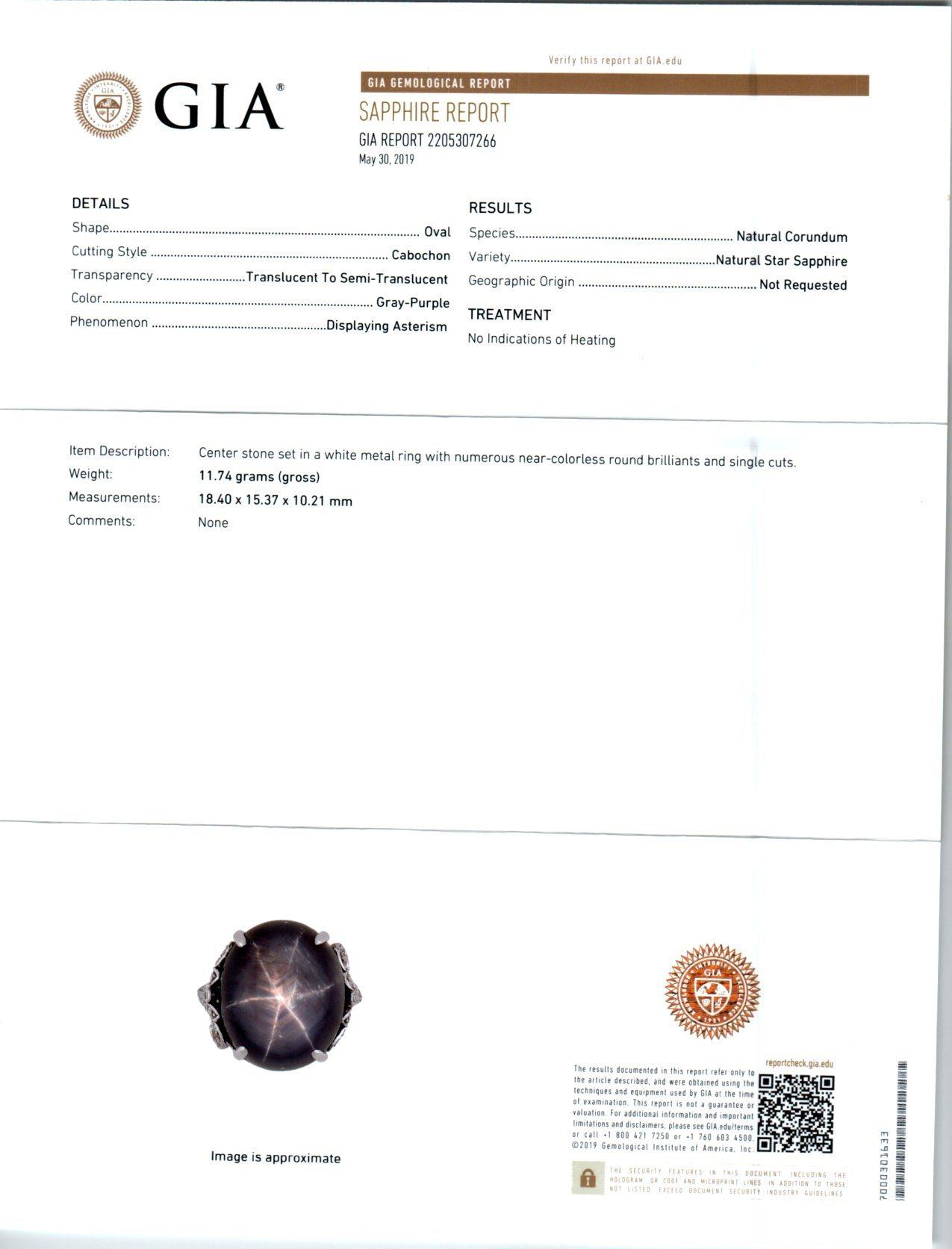 GIA Certified 30.37 Carat Oval Cabochon Star Sapphire Diamond Platinum Ring For Sale 1