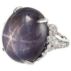 Antique GIA Certified 30.37 Carat Oval Cabochon Star Sapphire Diamond Platinum Ring