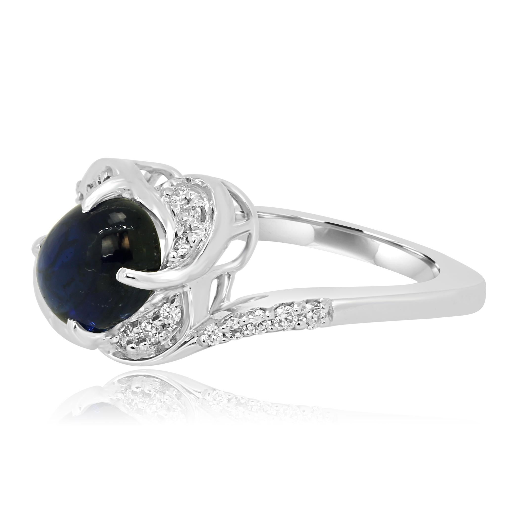 Modern GIA Certified 3.04 Carat Blue Sapphire Cabochon Diamond Halo Gold Cocktail Ring