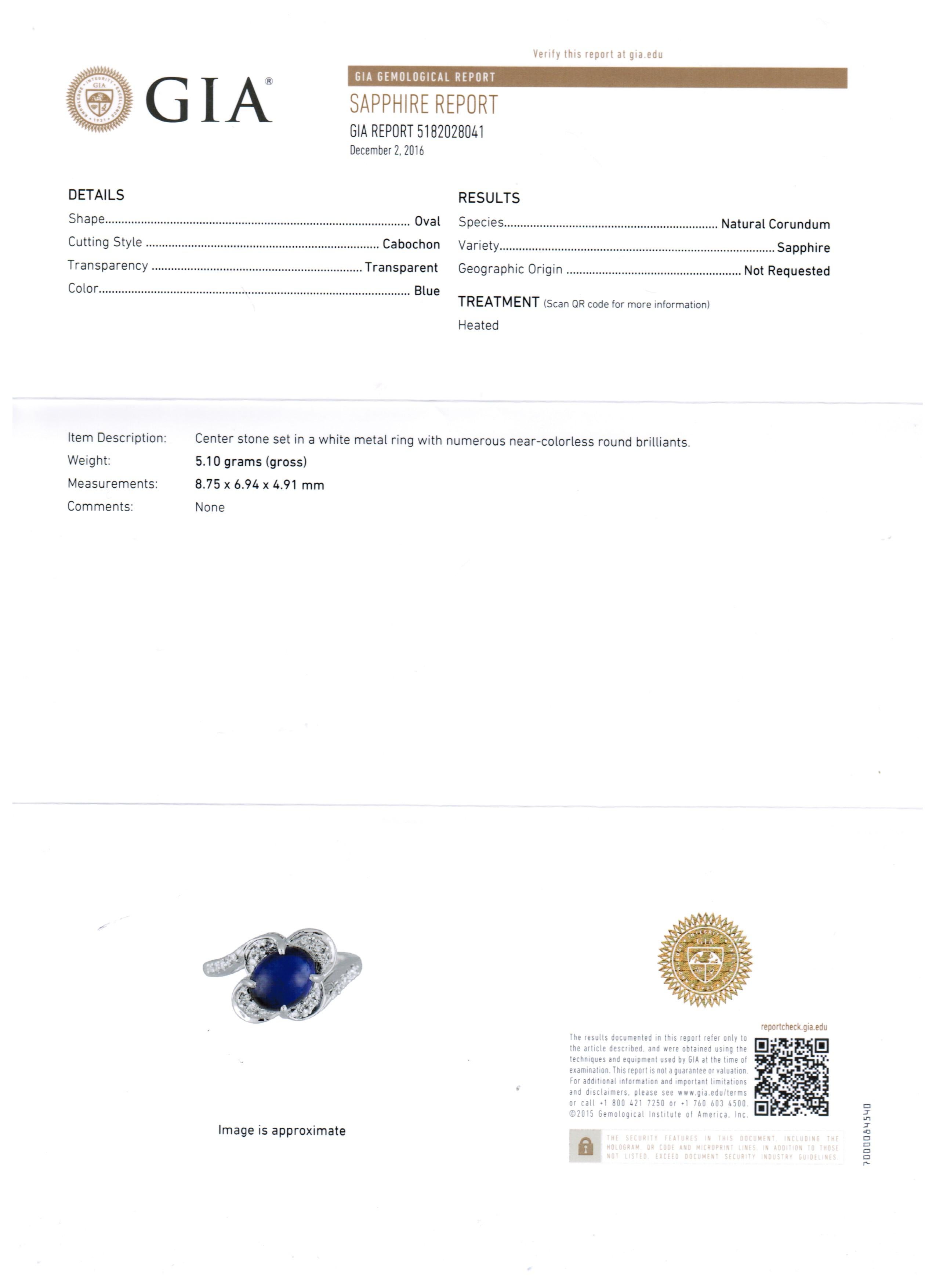 GIA Certified 3.04 Carat Blue Sapphire Cabochon Diamond Halo Gold Cocktail Ring 2