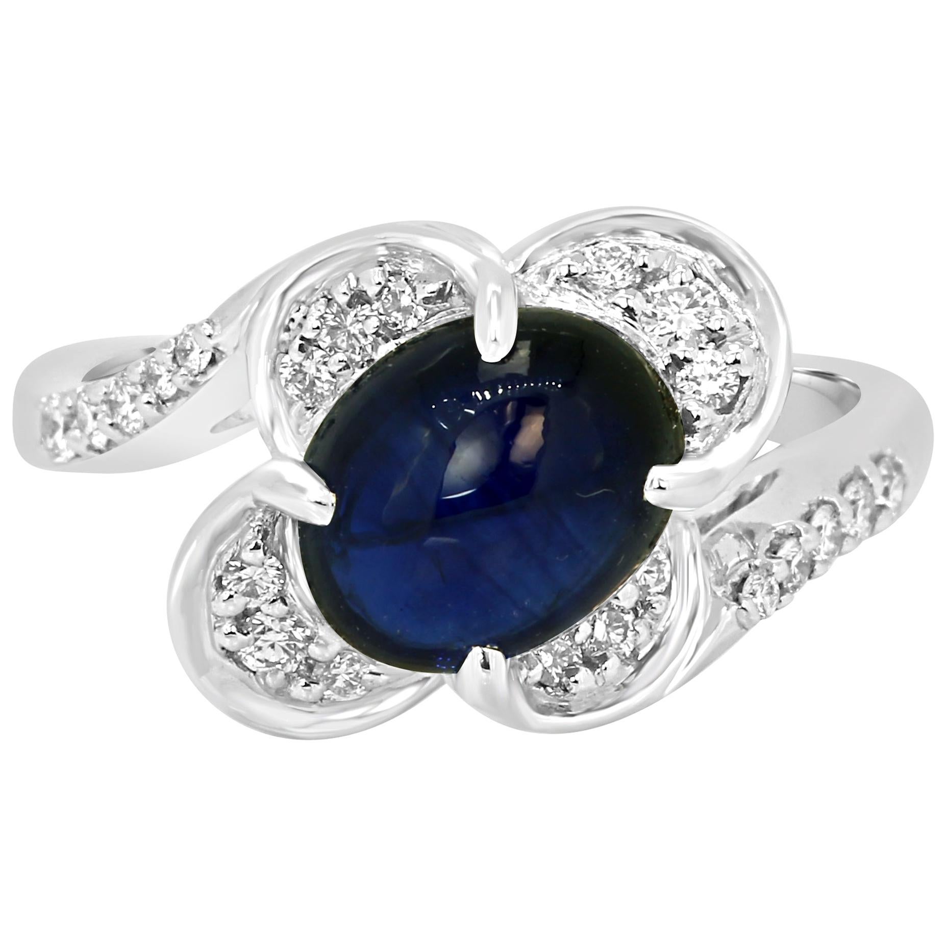 GIA Certified 3.04 Carat Blue Sapphire Cabochon Diamond Halo Gold Cocktail Ring