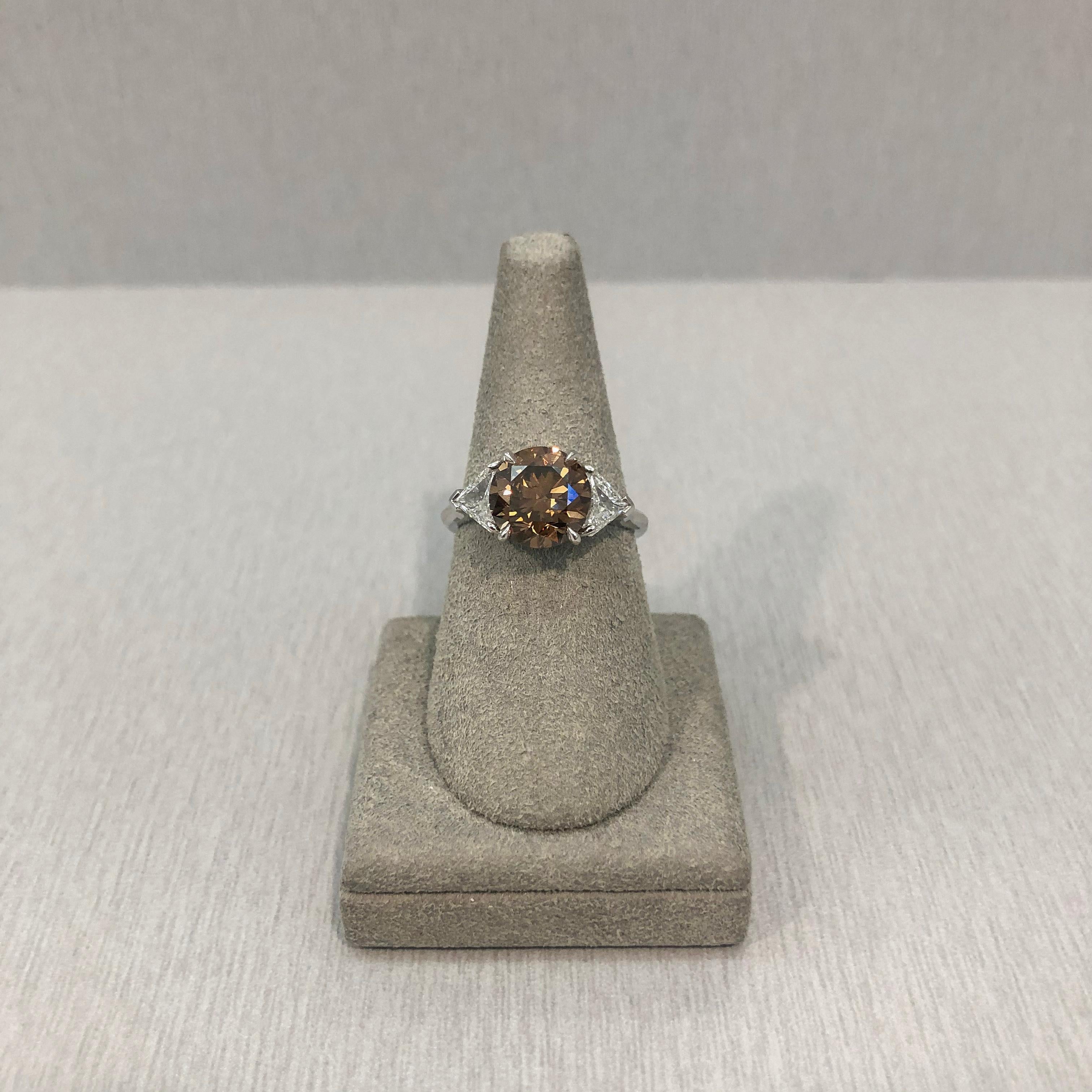 Round Cut GIA Certified 3.04 Carats Dark Orangey Brown Diamond Three-Stone Engagement Ring For Sale