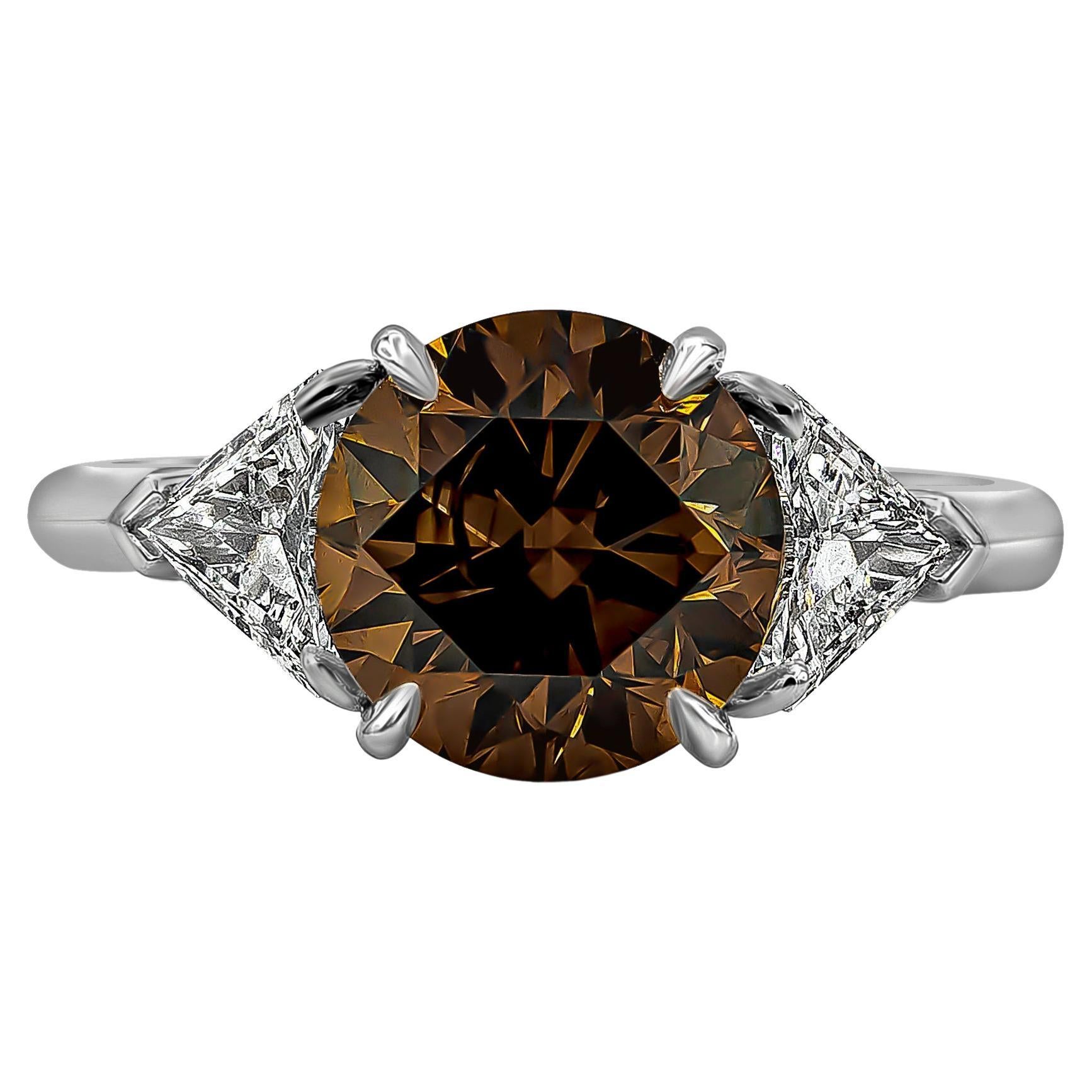 GIA Certified 3.04 Carats Dark Orangey Brown Diamond Three-Stone Engagement Ring For Sale