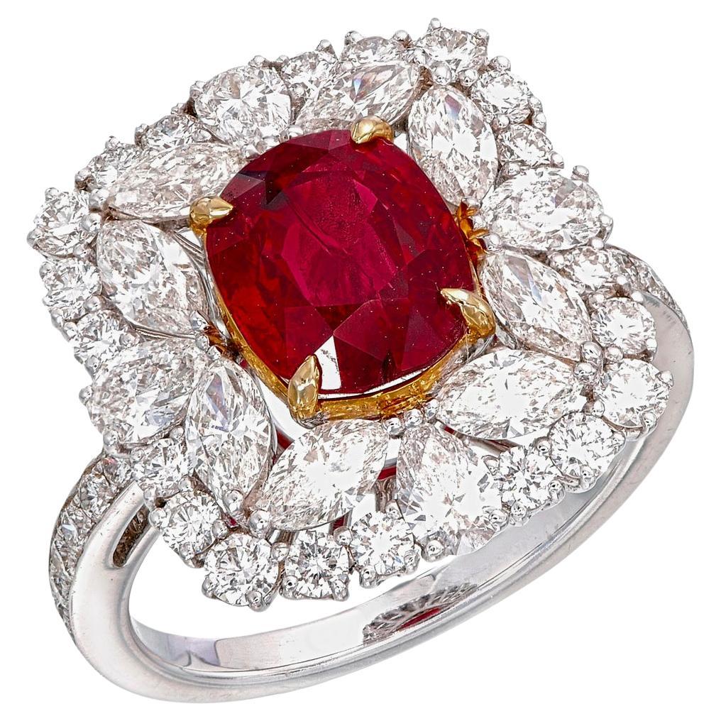 Anello con rubino birmano da 3,04 carati certificato GIA, non trattato termicamente, e diamanti, in oro bianco 18 carati