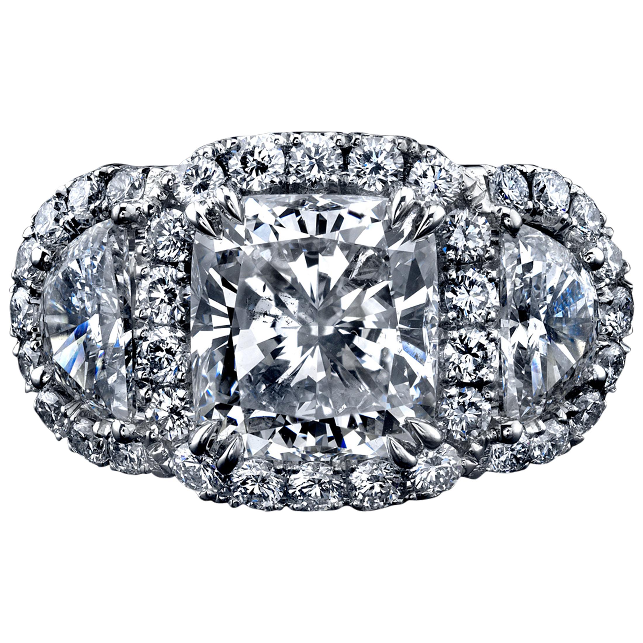 GIA Certified 3.04 Carat Cushion Cut 3-Stone Diamond Ring