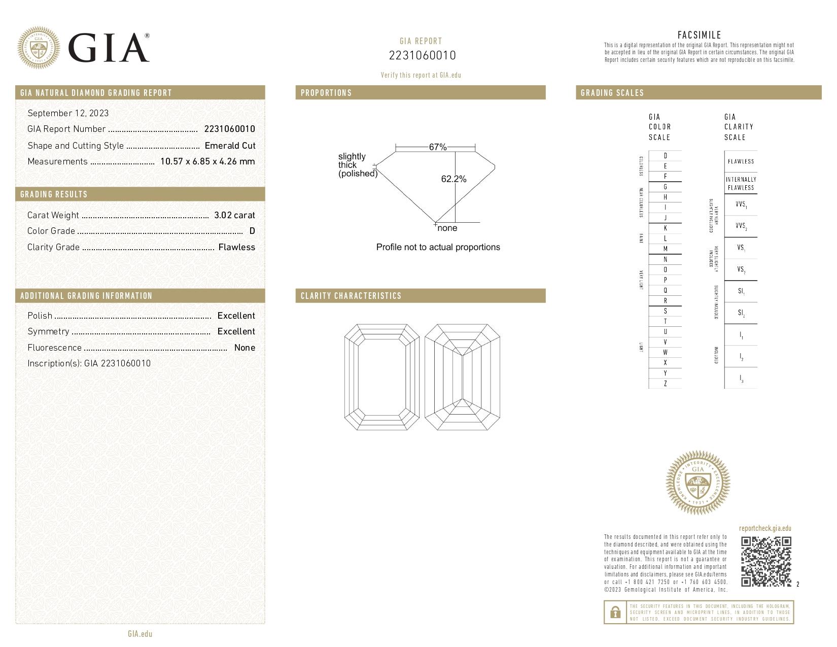 GIA Certified 3.02 Carat Emerald Cut Diamond D Color and Type IIA Ring In New Condition For Sale In Chicago, IL