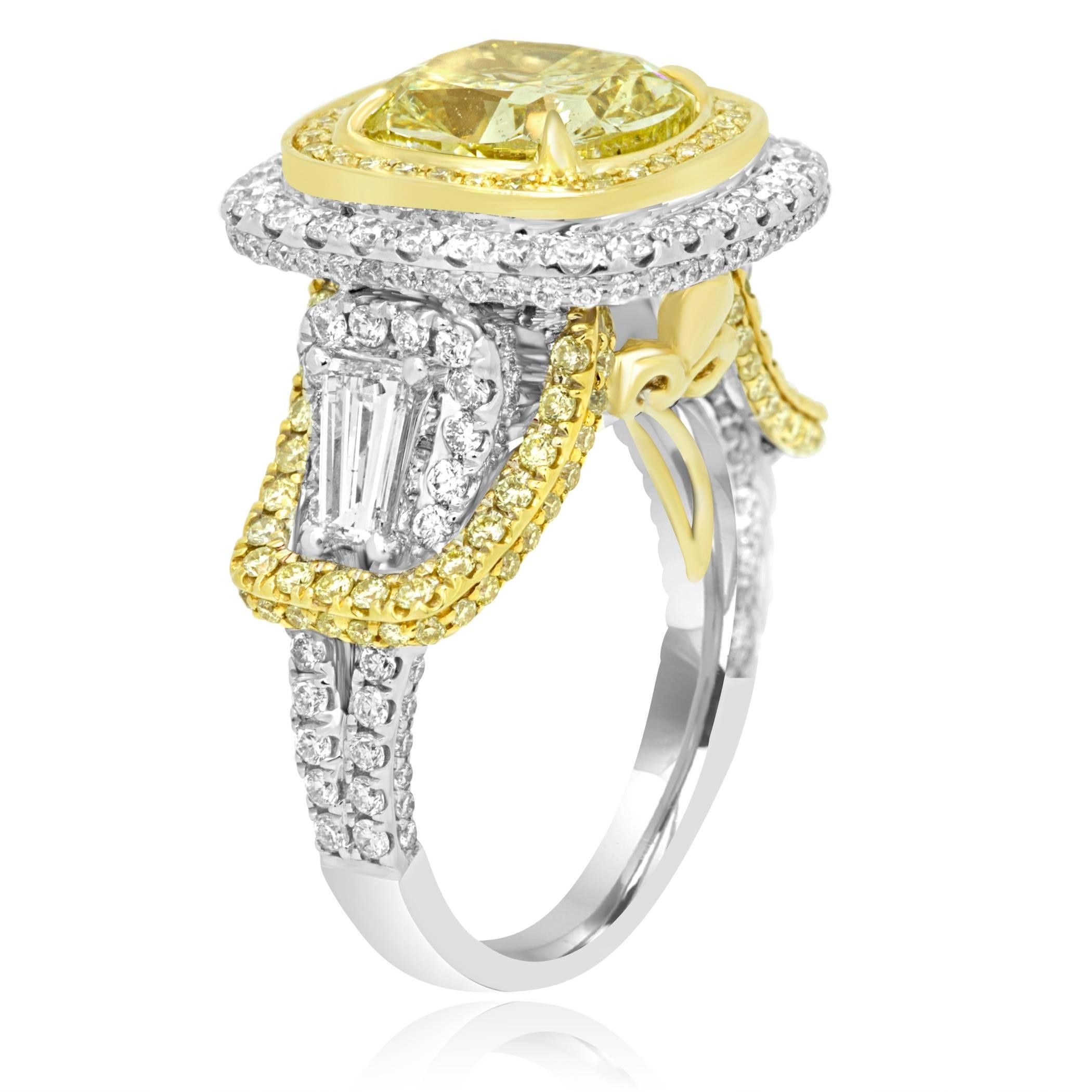Contemporary GIA Certified Fancy Yellow Diamond Double Halo Two-Color Gold Bridal Ring