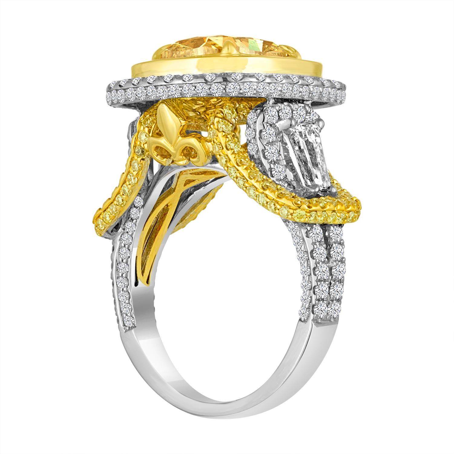 Cushion Cut GIA Certified Fancy Yellow Diamond Double Halo Two-Color Gold Bridal Ring