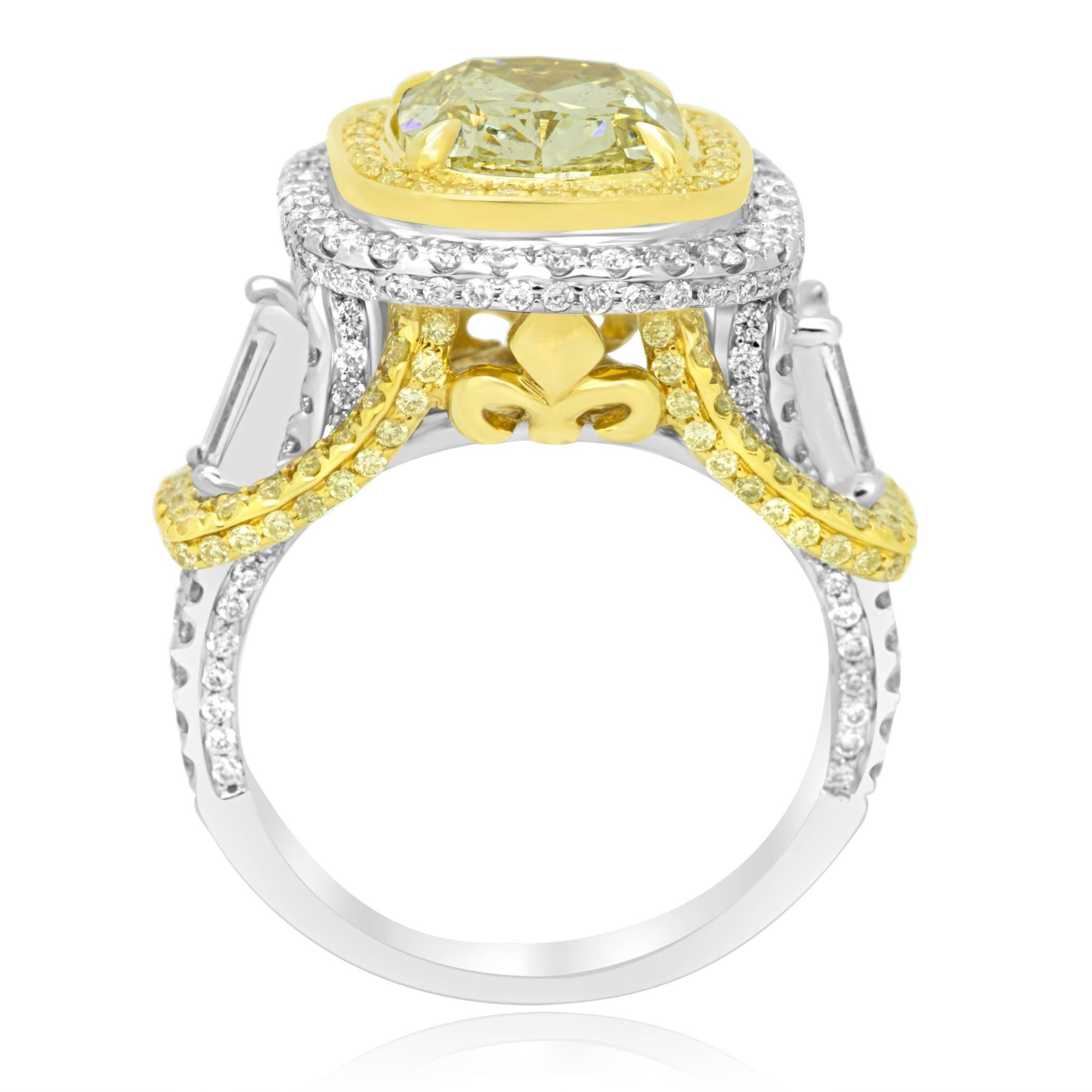 GIA Certified Fancy Yellow Diamond Double Halo Two-Color Gold Bridal Ring In New Condition In NEW YORK, NY