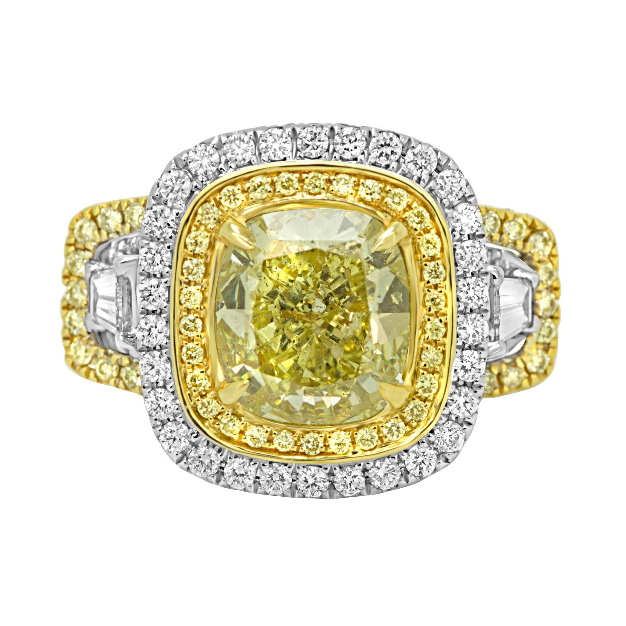 GIA Certified Fancy Yellow Diamond Double Halo Two-Color Gold Bridal Ring
