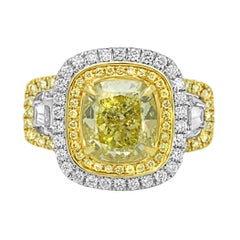 GIA Certified Fancy Yellow Diamond Double Halo Two-Color Gold Bridal Ring