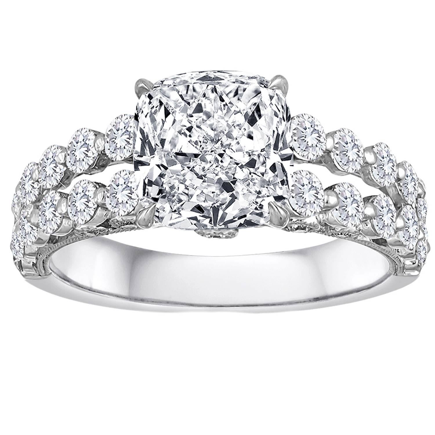 GIA Certified 3.04 Carat G VVS2 Cushion Cut Diamond Gold Engagement Ring
