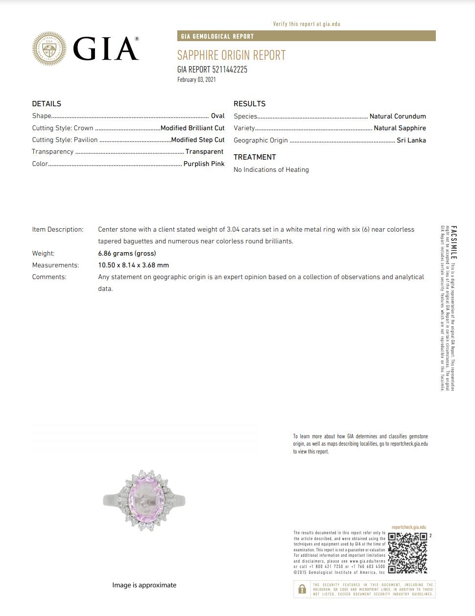 Art Deco GIA Certified 3.04 Carat Natural Pink Sapphire Ring Set with Diamonds Platinum