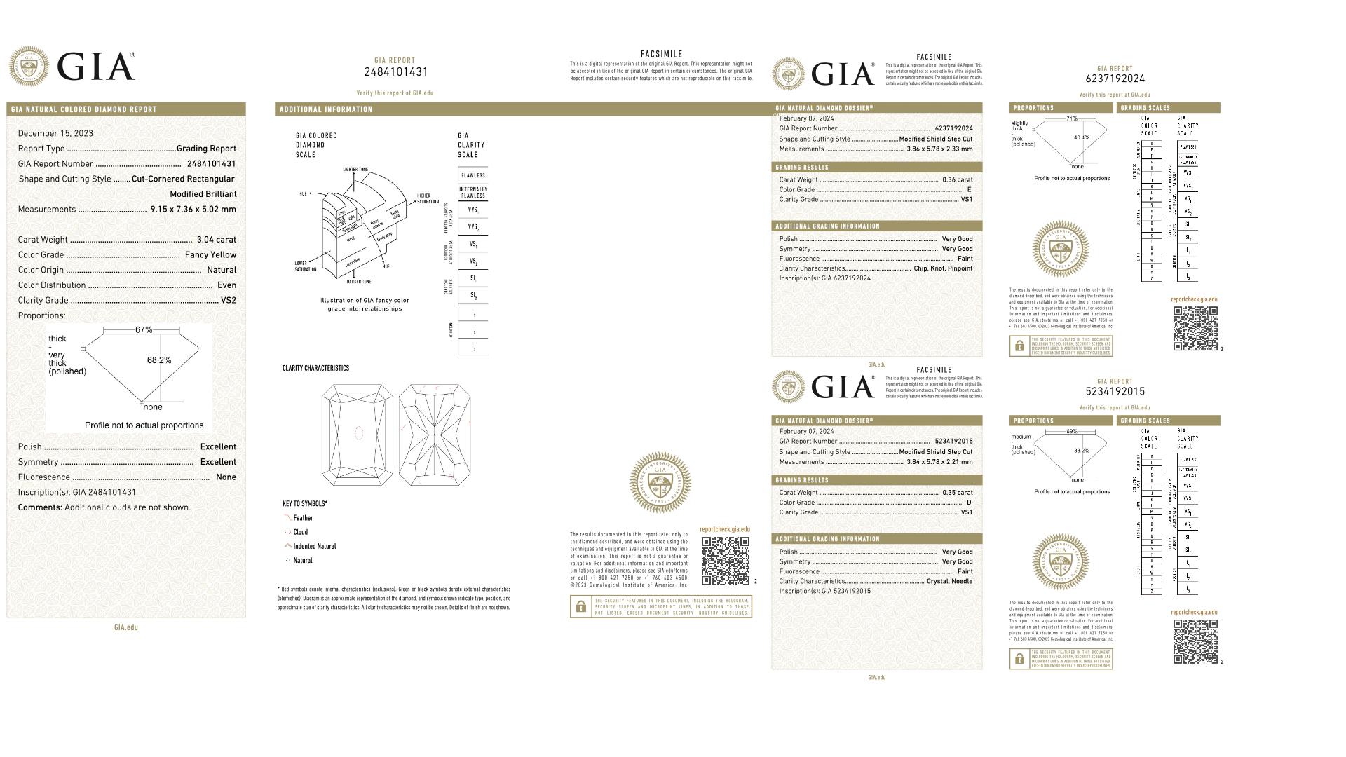 GIA Certified 3.04 Carat Radiant Cut Fancy Yellow Diamond Three Stone Ring In New Condition In New York, NY