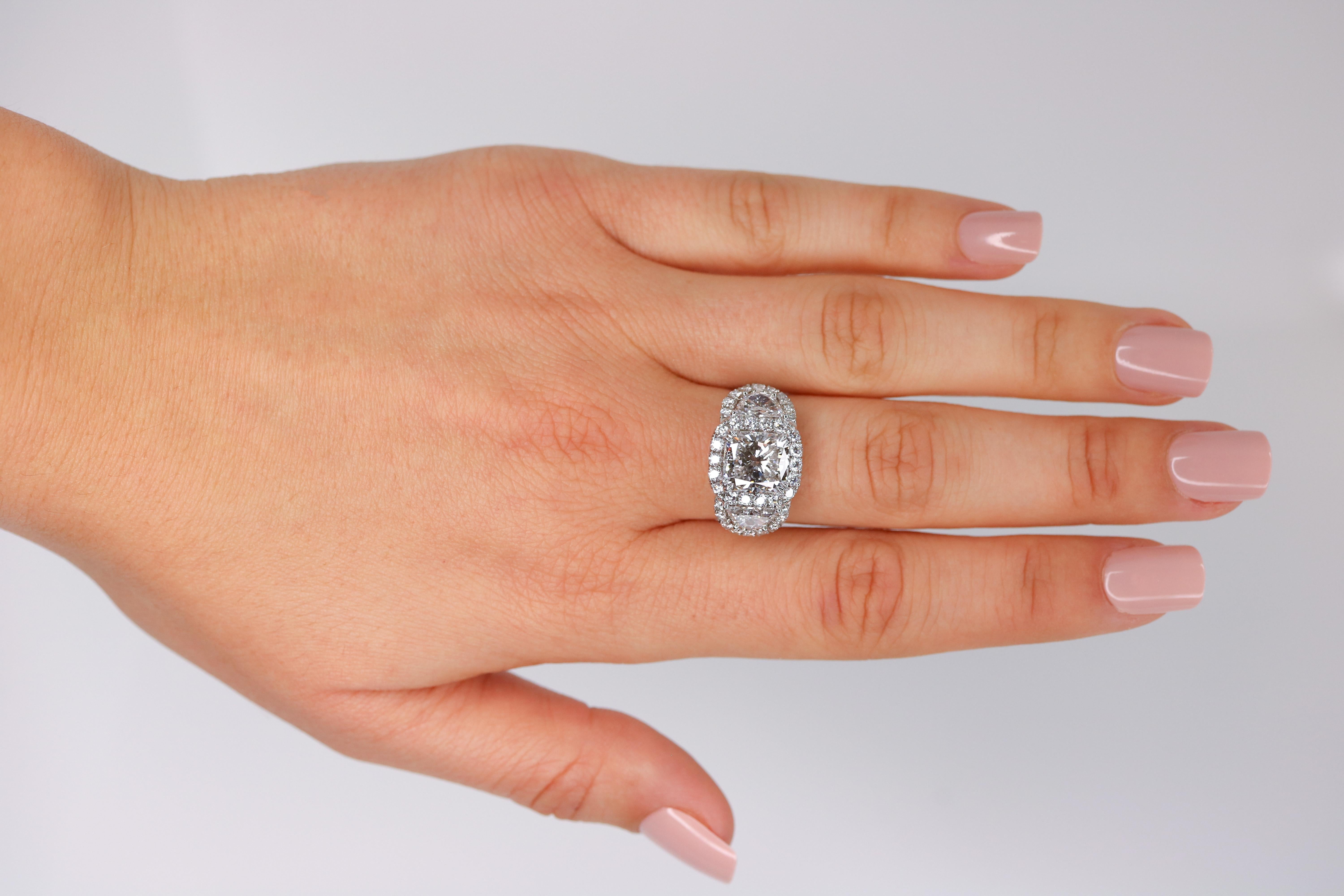 Contemporary GIA Certified 3.04 Carat Cushion Cut 3-Stone Diamond Ring
