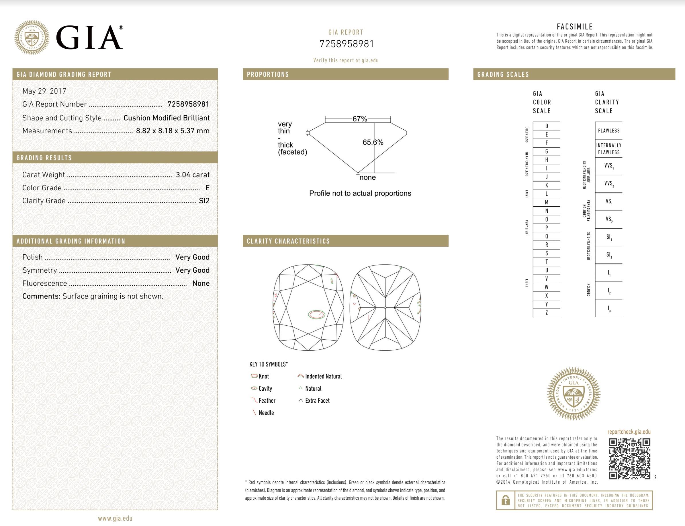 GIA Certified 3.04 Carat Cushion Cut 3-Stone Diamond Ring In New Condition In Calabasas, CA