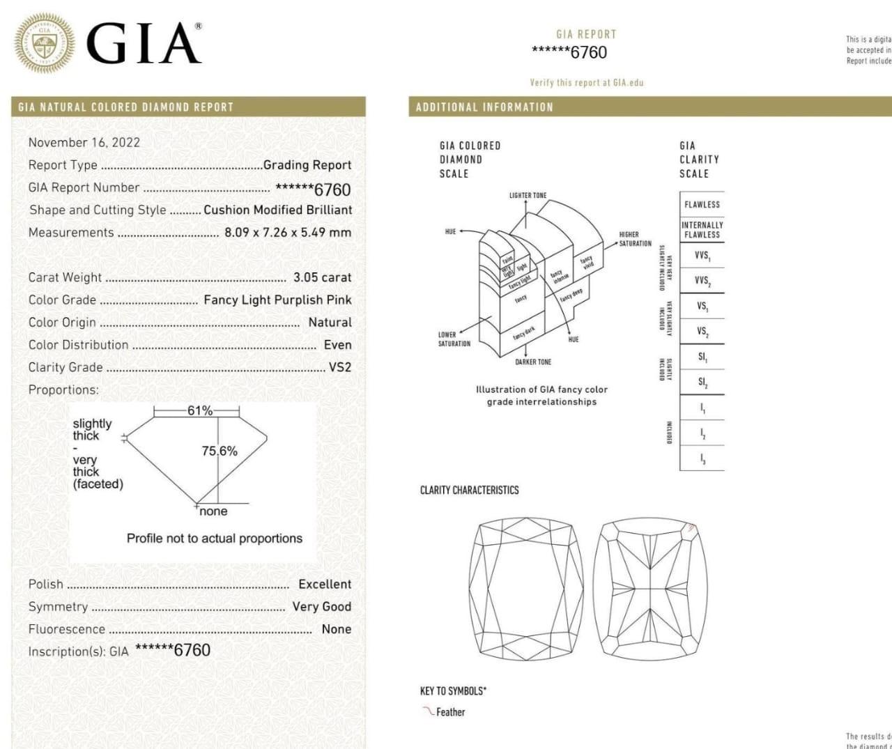 An exquisite 3.05 carat light purplish pink cushion cut diamond certified by GIA. We can custom design as per your request.

Shape CUSHION MODIFIED
Carat 3.05
Color LIGHT PURPPLISH PINK
Clarity VS2
Fluorescence NONE
Polish EXCELLENT  
Symmetry VERY