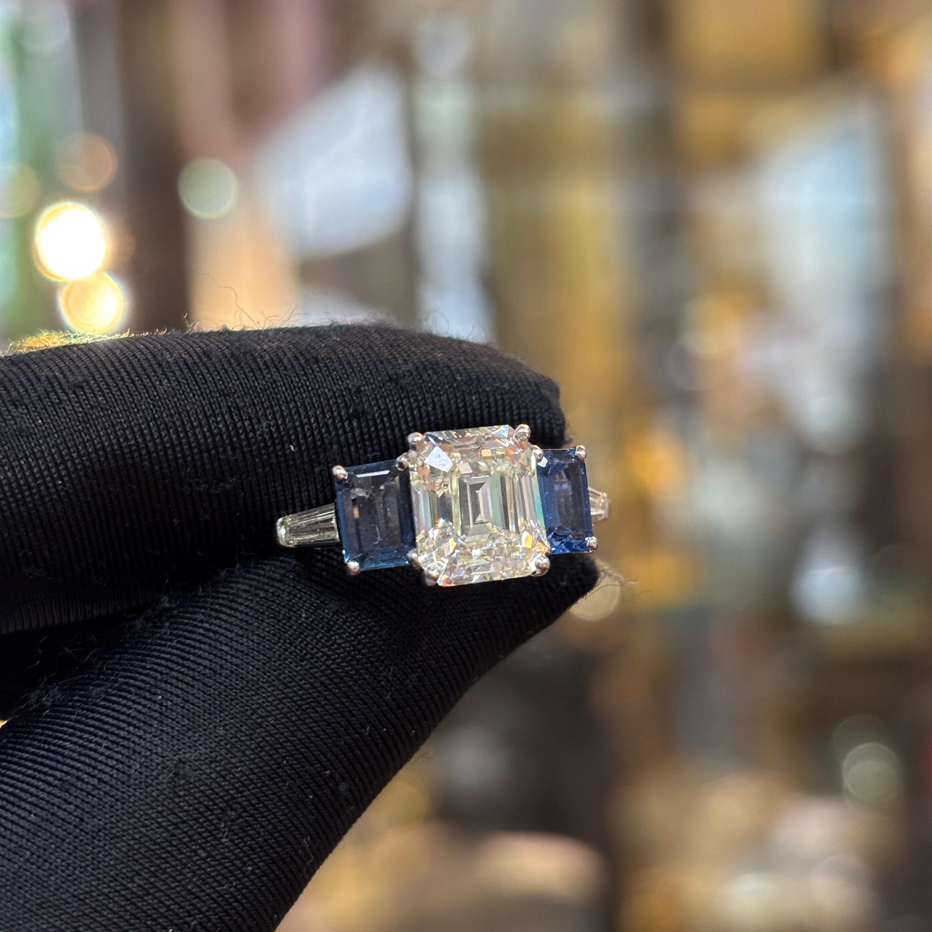 Women's GIA Certified 3.05 Carat Emerald Cut Diamond and Sapphire Ring For Sale