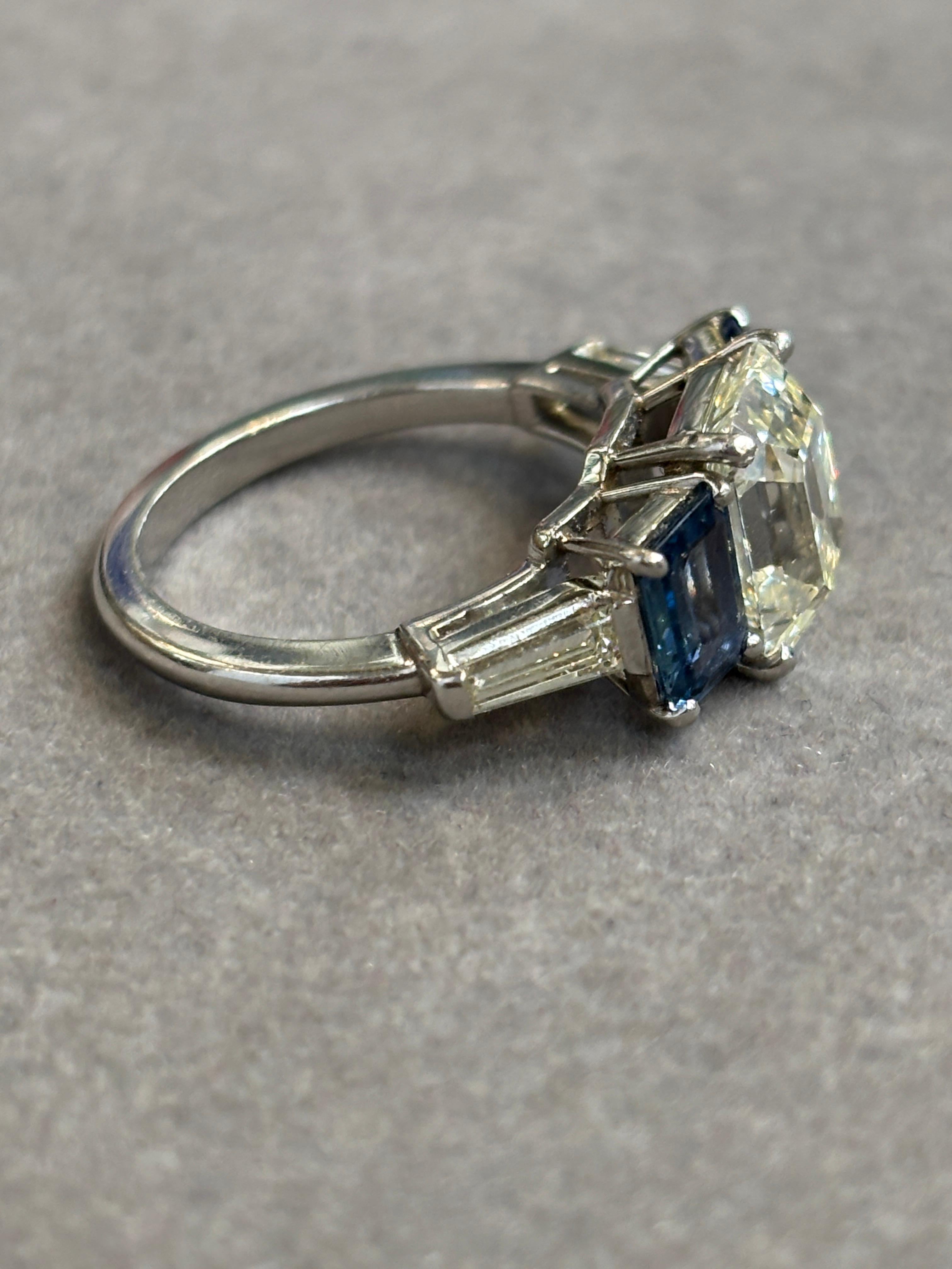 GIA Certified 3.05 Carat Emerald Cut Diamond and Sapphire Ring For Sale 2