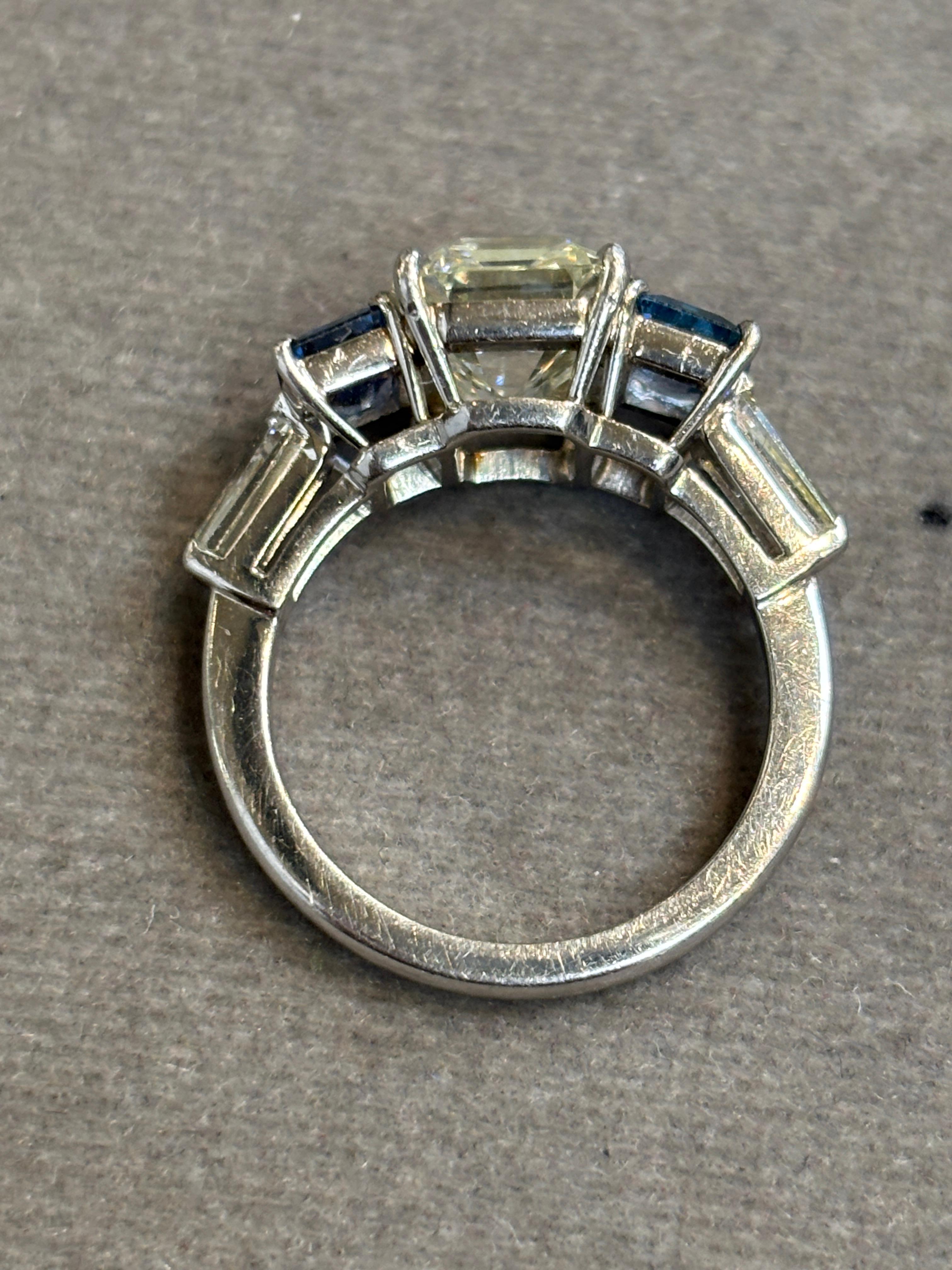 GIA Certified 3.05 Carat Emerald Cut Diamond and Sapphire Ring For Sale 3