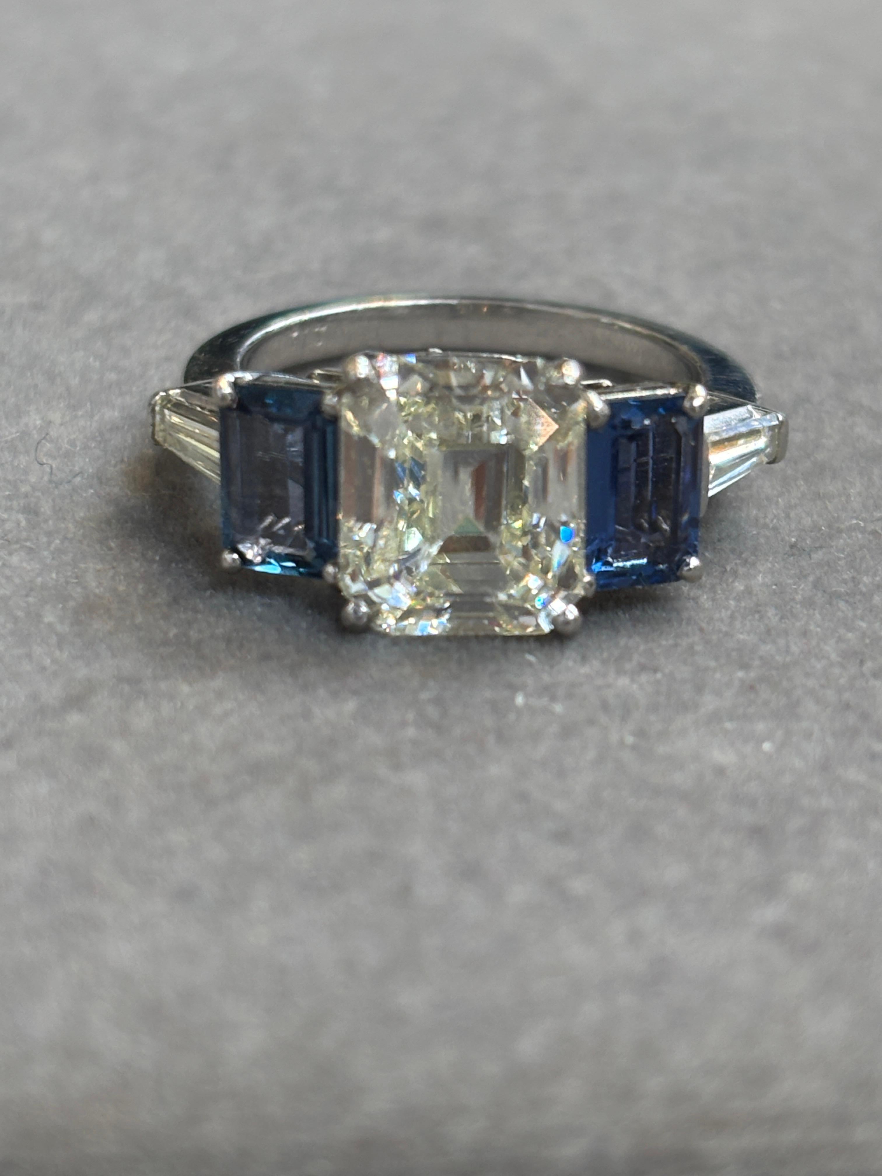 GIA Certified 3.05 Carat Emerald Cut Diamond and Sapphire Ring For Sale 4