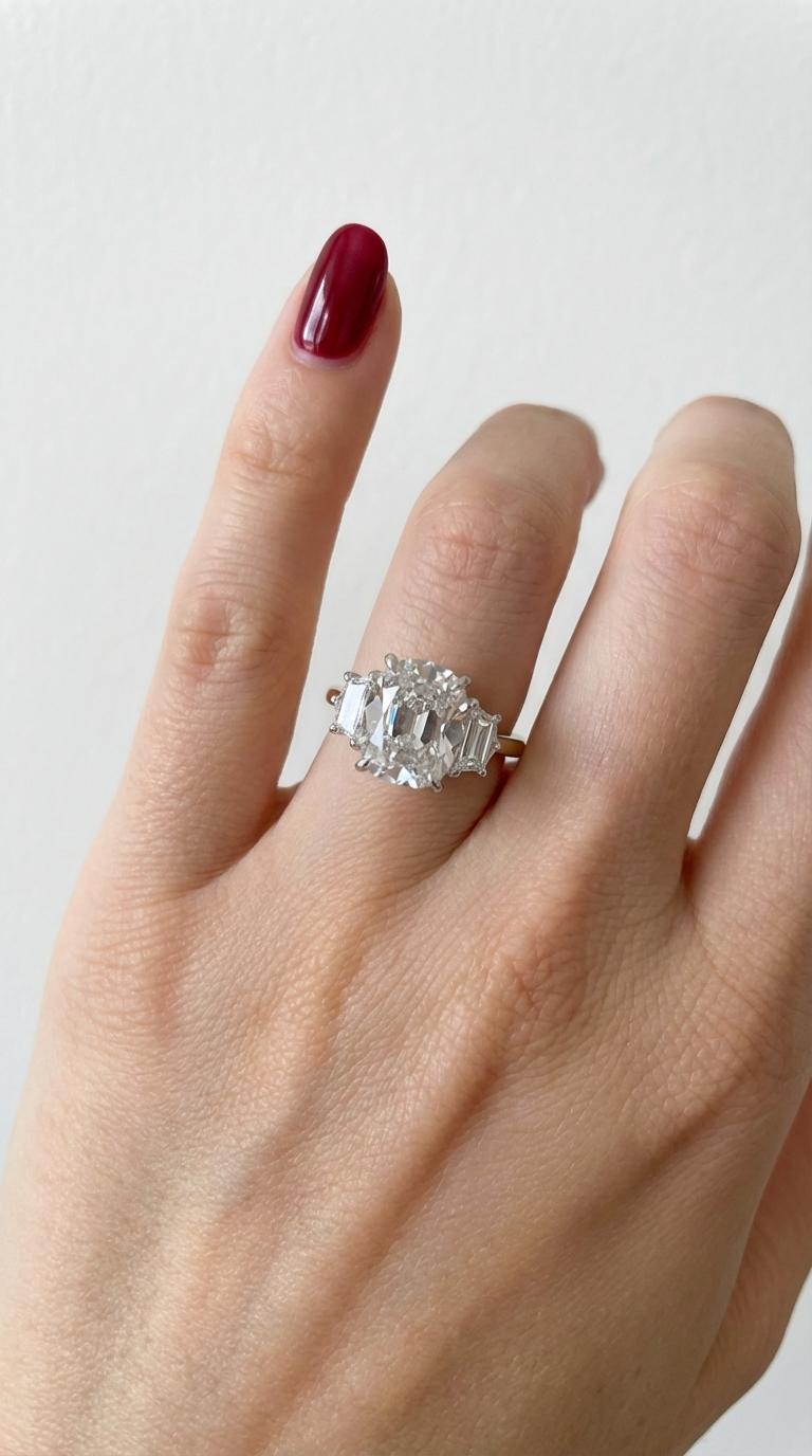 GIA-zertifiziert 3,06 Karat D Farbe Alte Mine Diamant Drei-Stein-Verlobungsring (Alteuropäischer Brillantschliff) im Angebot