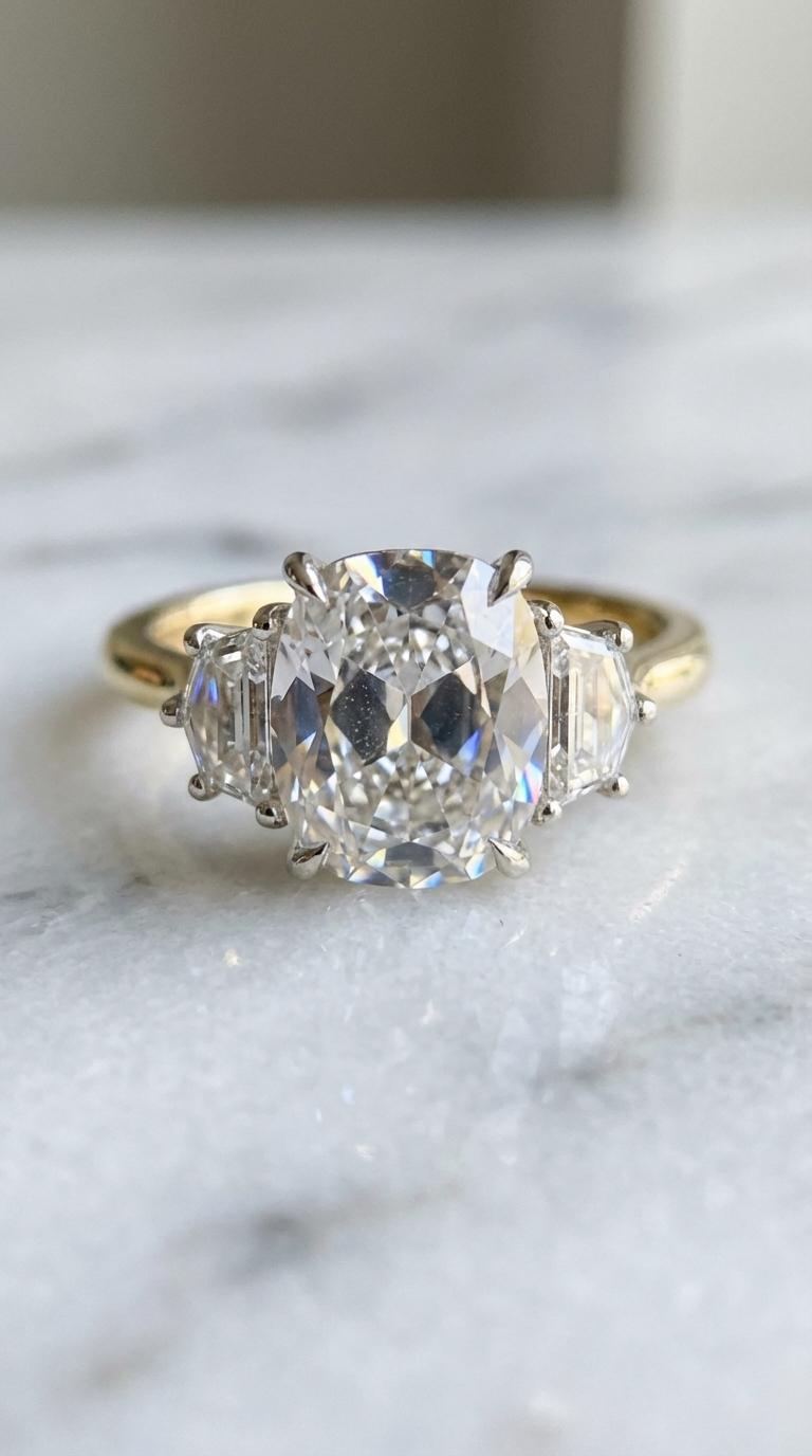 GIA-zertifiziert 3,06 Karat D Farbe Alte Mine Diamant Drei-Stein-Verlobungsring im Zustand „Neu“ im Angebot in Chicago, IL