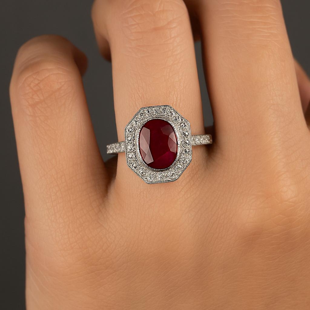 Anillo con halo octogonal de rubíes y diamantes certificado por el GIA de 3,06 quilates en oro blanco de 14 quilates Art Decó en venta
