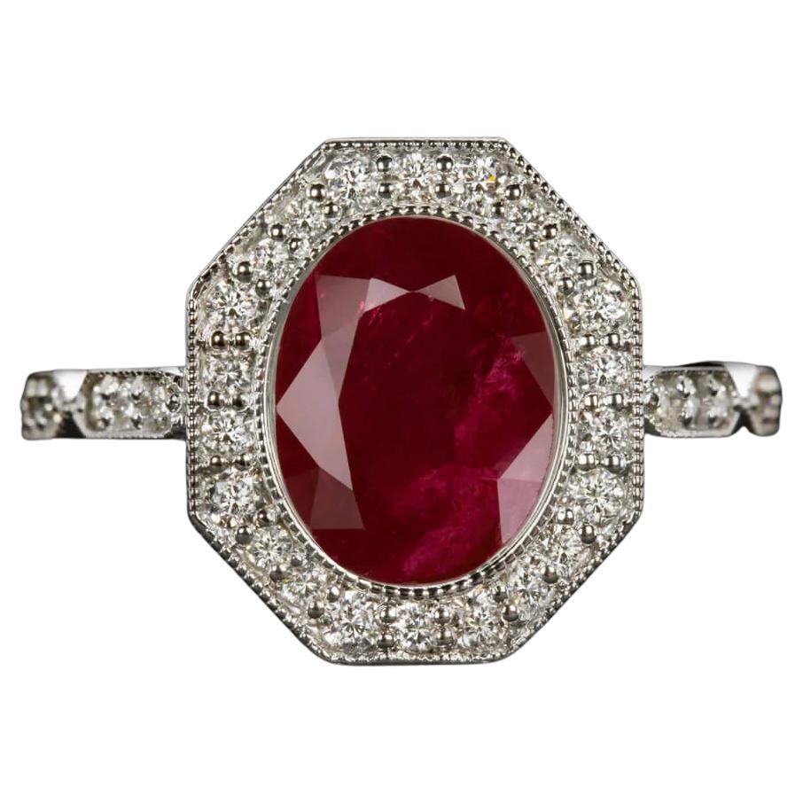 GIA Certified 3.06 Carat Ruby and Diamond Octagonal Halo Ring in 14K White Gold