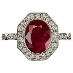 GIA Certified 3.06 Carat Ruby and Diamond Octagonal Halo Ring in 14K White Gold