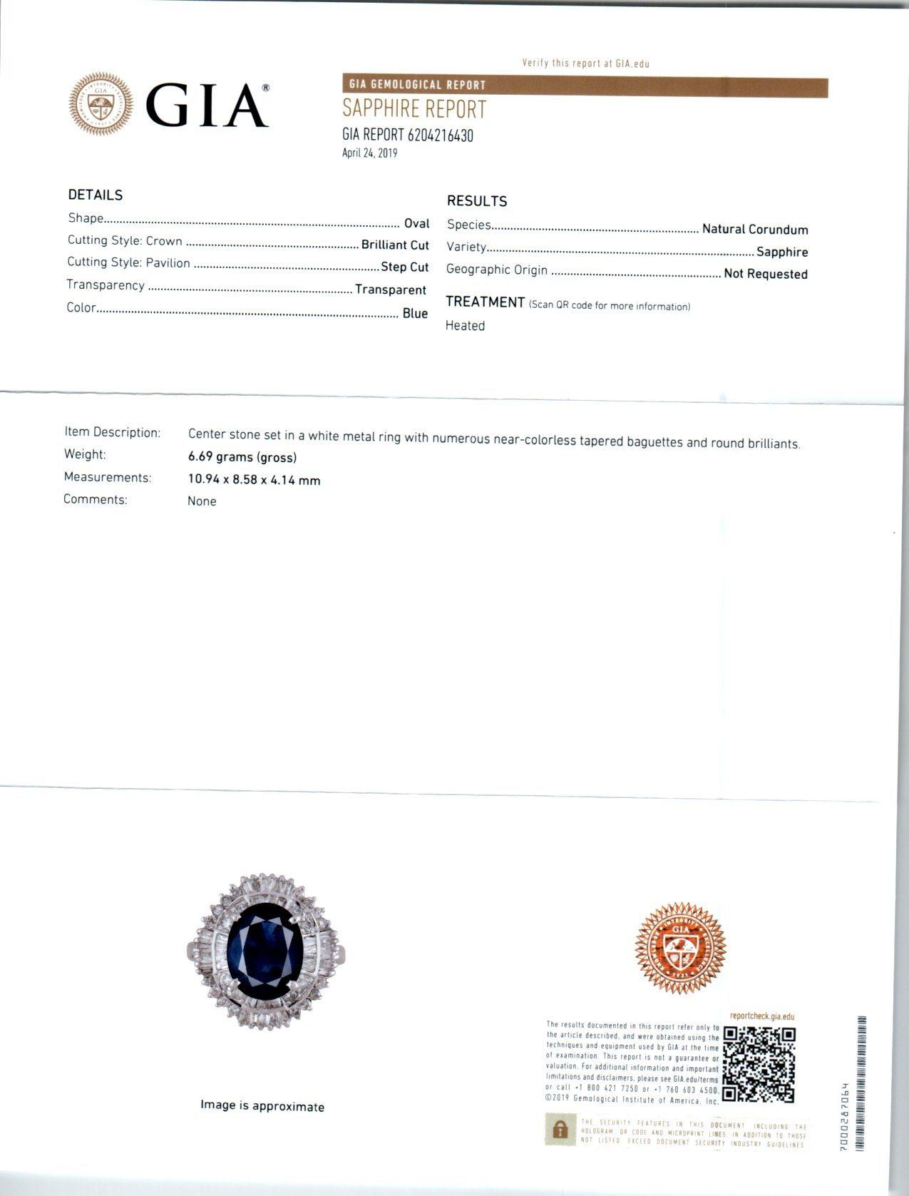 GIA Certified 3.06 Carat Sapphire Diamond White Gold Engagement Ring 2