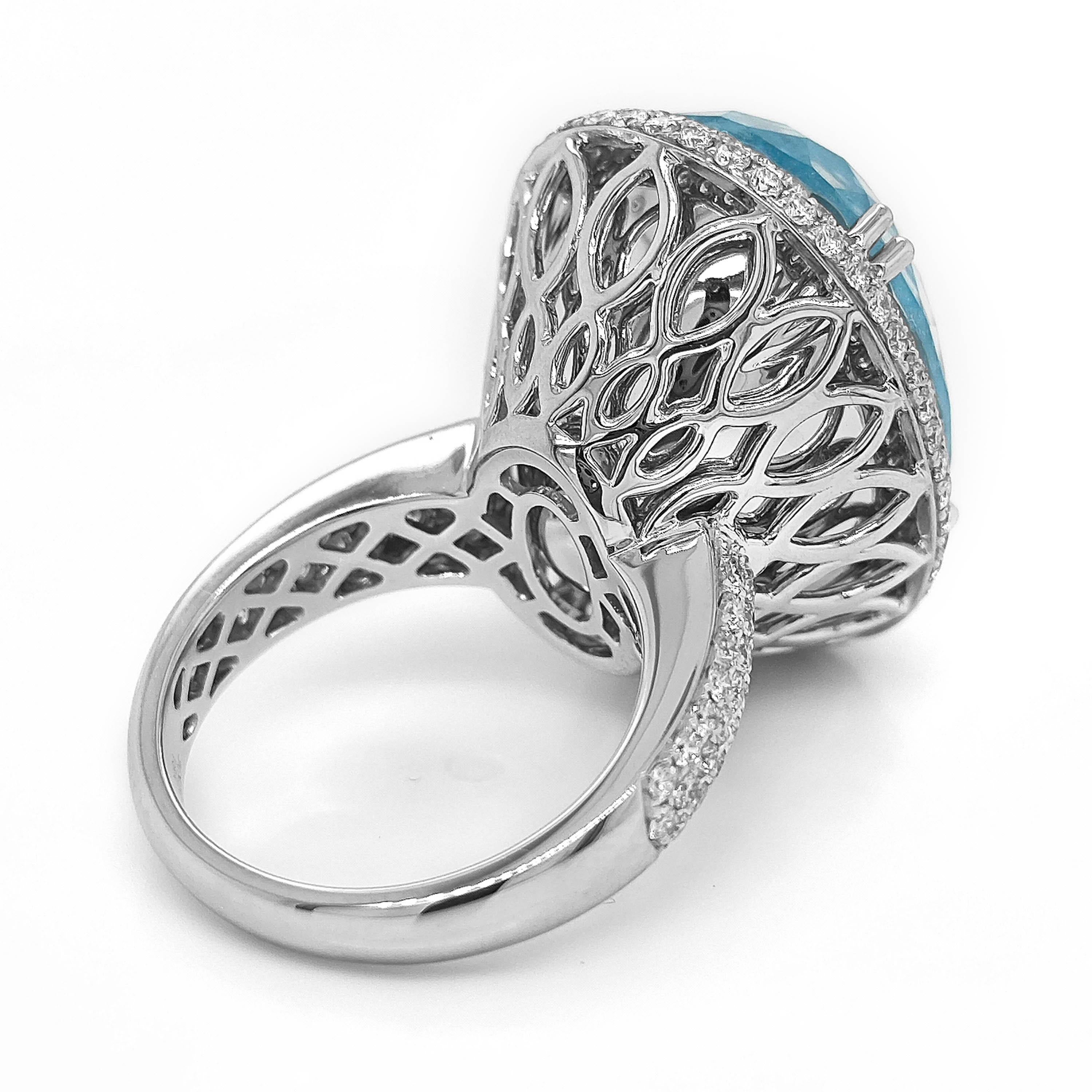 1 Aquamarine Gemstone: 29.4 Carats
46 White Round Diamonds: 0.33 Carats
90 White Round Diamonds: 0.95 Carats
Metal: 18K White Gold, 12.30 Grams

GIA Certificate # 2239411117
