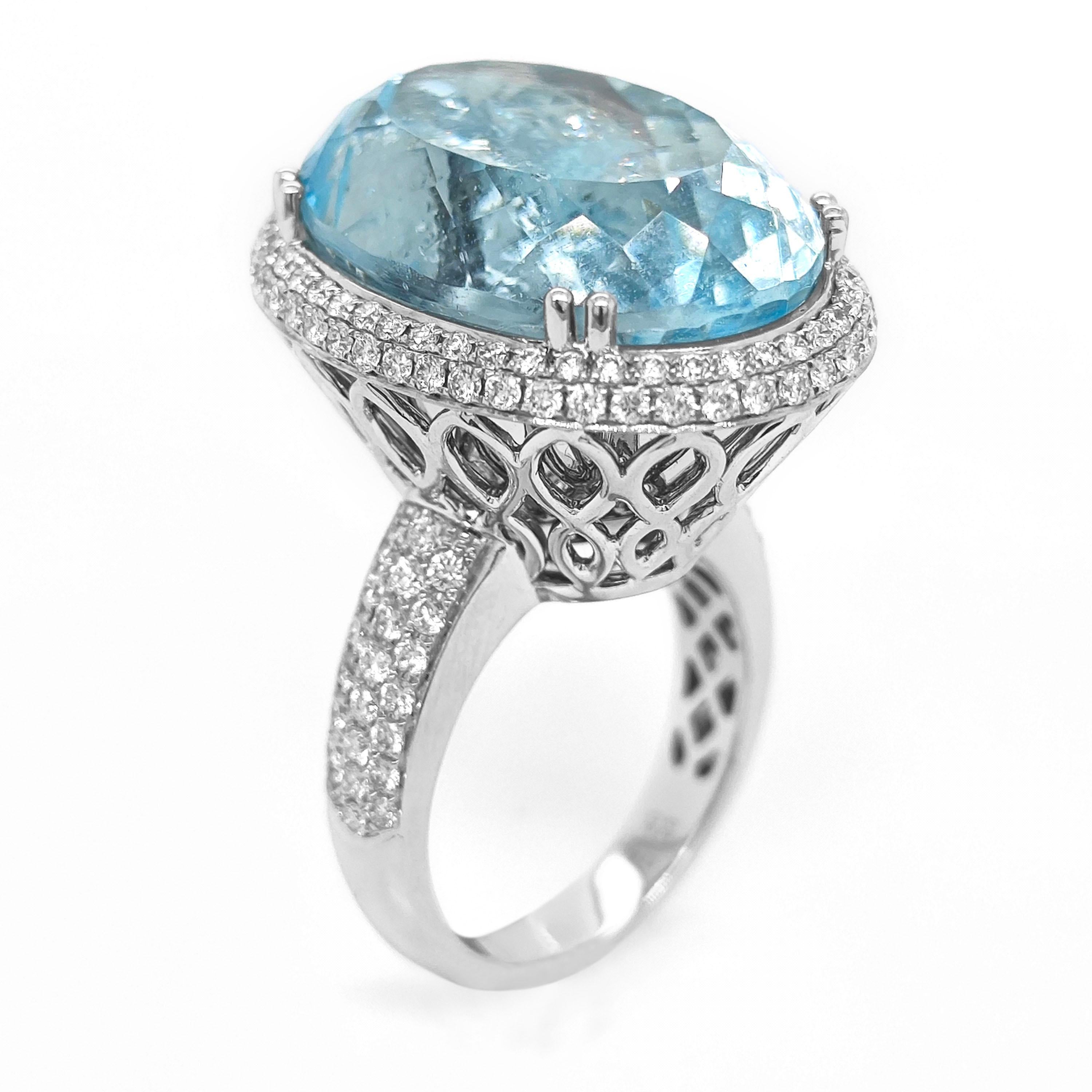 Mixed Cut GIA Certified 30.68 Carat Aquamarine and White Diamond White Gold Ring For Sale