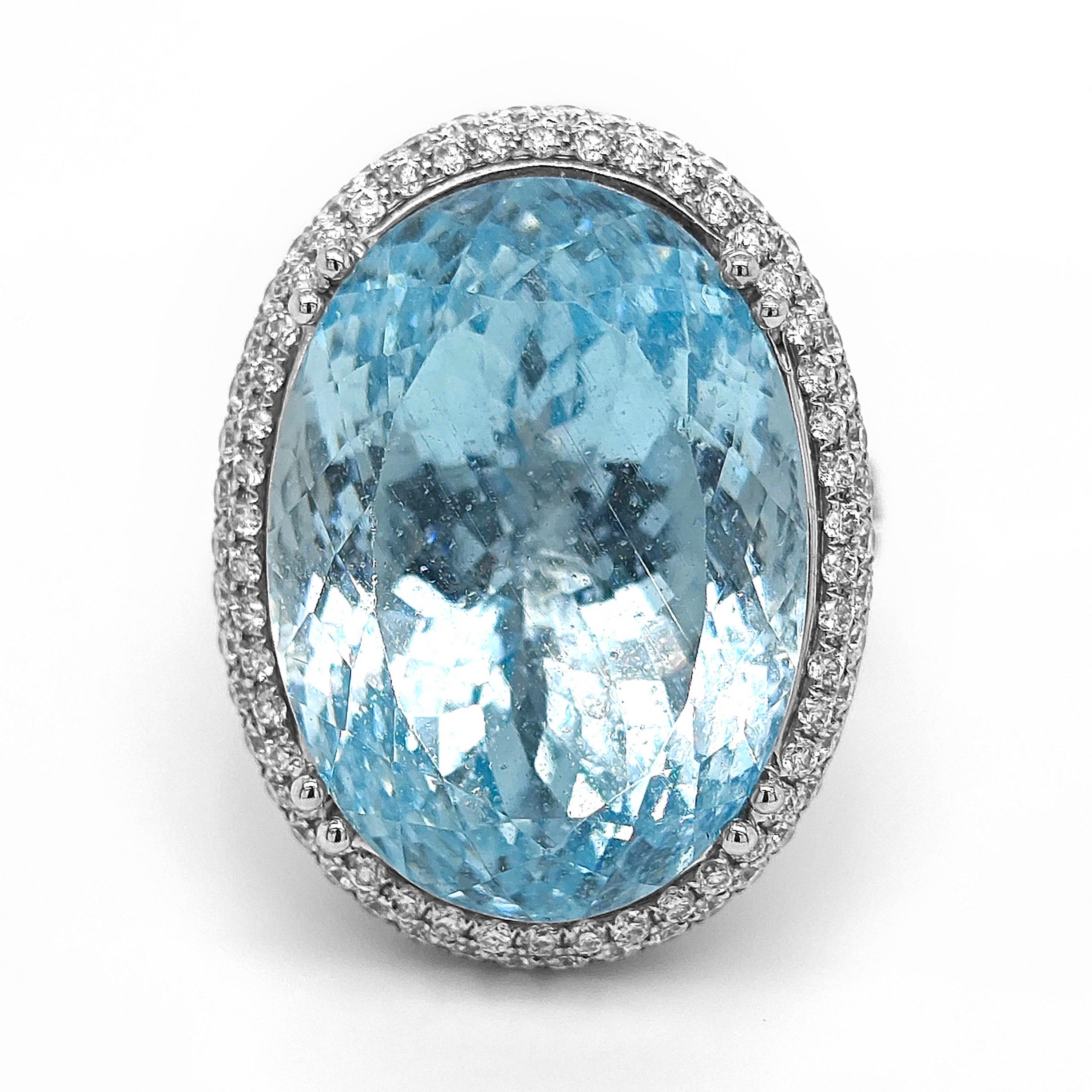 GIA Certified 30.68 Carat Aquamarine and White Diamond White Gold Ring In New Condition For Sale In New York, NY