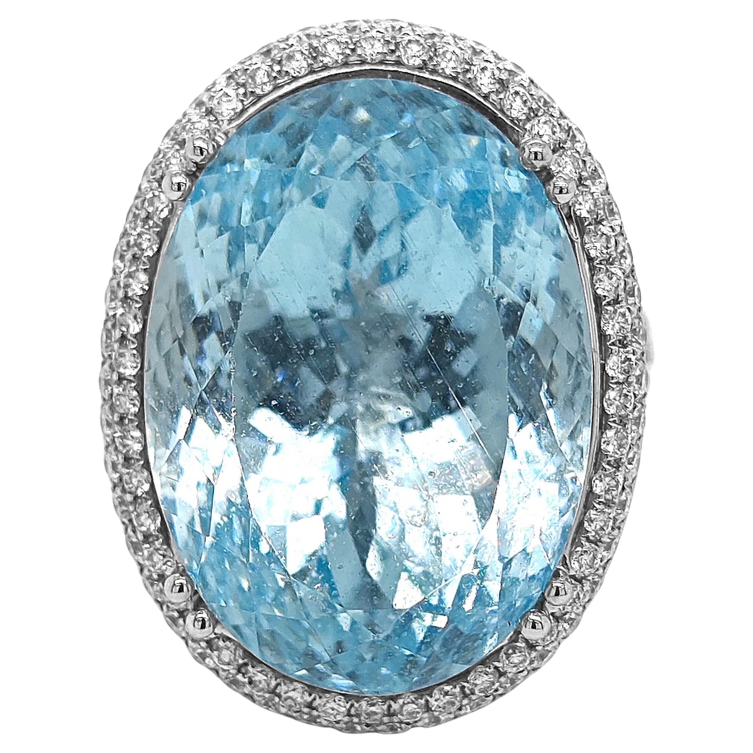 GIA Certified 30.68 Carat Aquamarine and White Diamond White Gold Ring