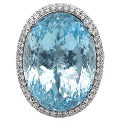 GIA Certified 30.68 Carat Aquamarine and White Diamond White Gold Ring