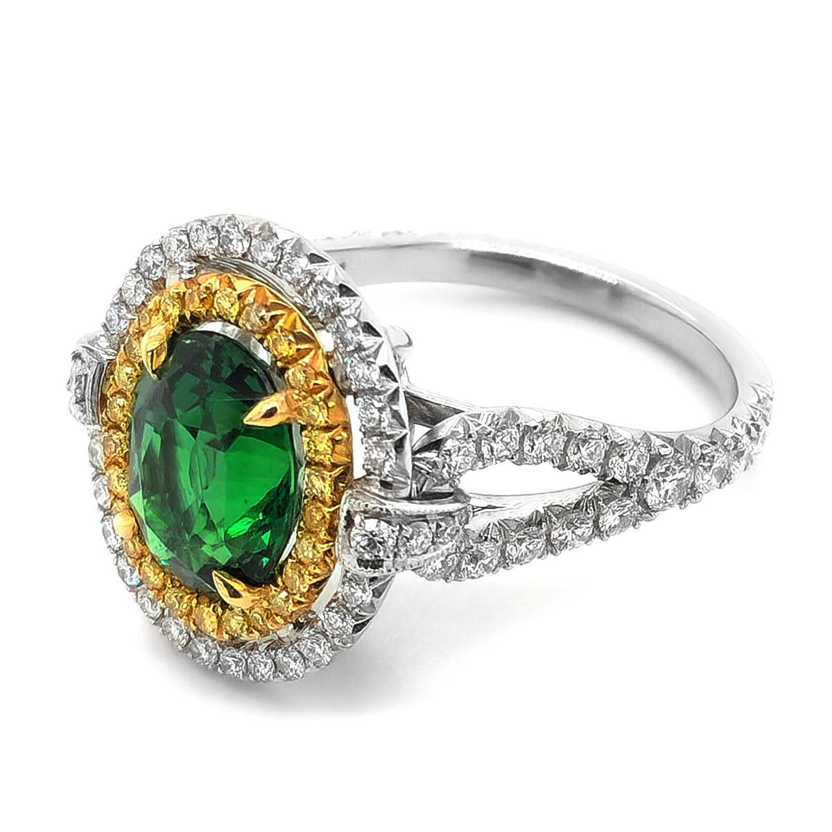 Art Deco Natural Tsavorite Stone 3.07 cts in Platinum Ring with Y&W Diamonds / GIA Report For Sale