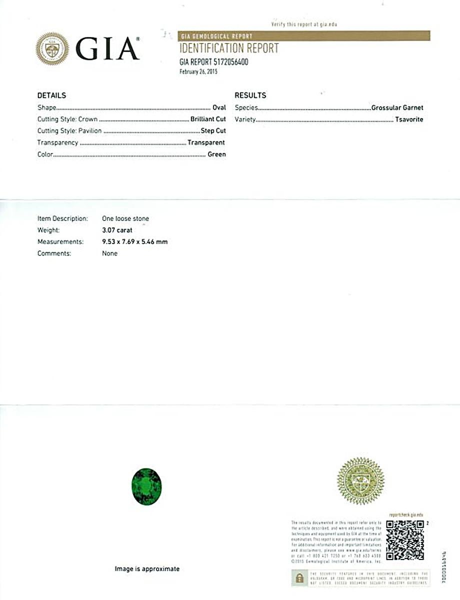 We are thrilled to offer you this luxurious ring that is brimming with natural tsavorite 3.07 carats with GIA Report. Beauty, gracefully set in platinum. This stunning tsavorite ring is perfect for every occasion. It's captivating and elegant. The