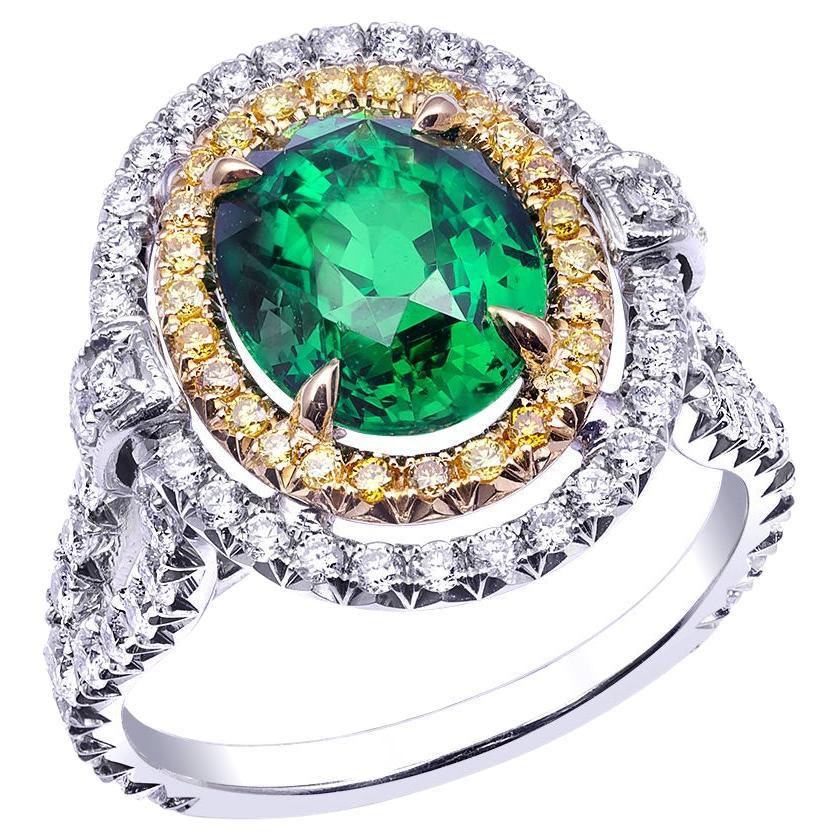 Bague en platine avec diamant et tsavorite de 3,07 carats certifiés par le GIA, bague à grenat.