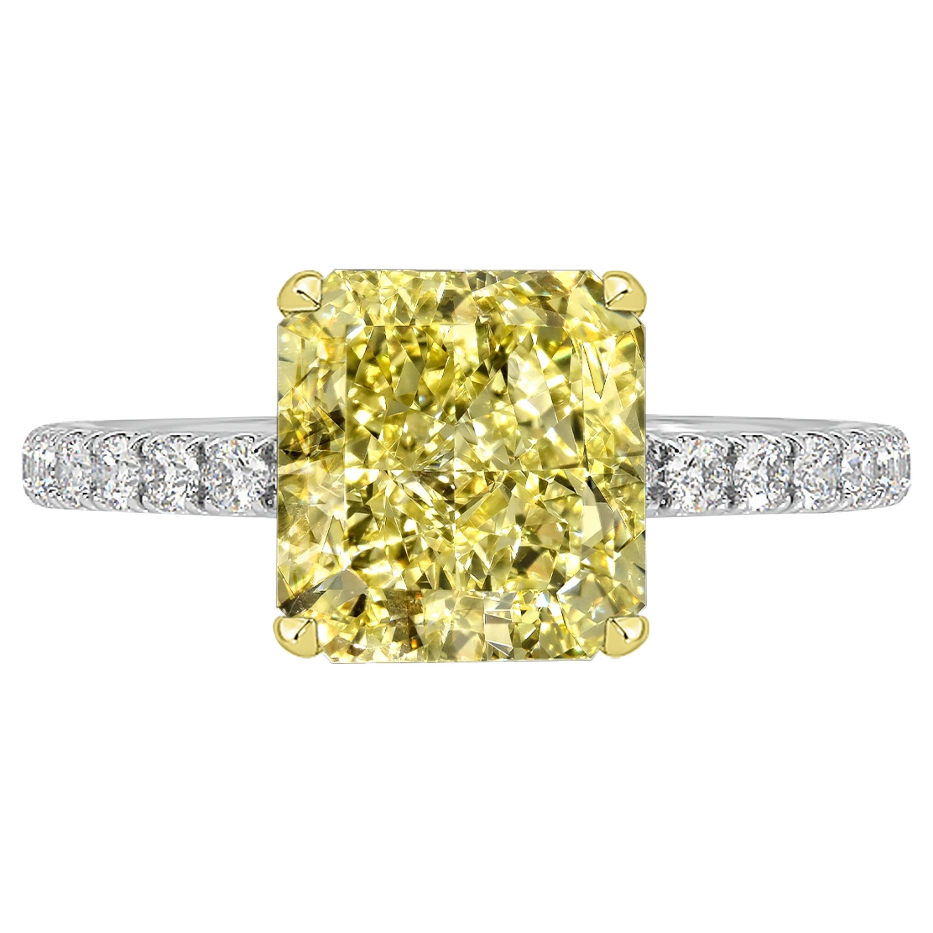 GIA Certified 3.07 Carat Radiant Cut Yellow Diamond Ring For Sale