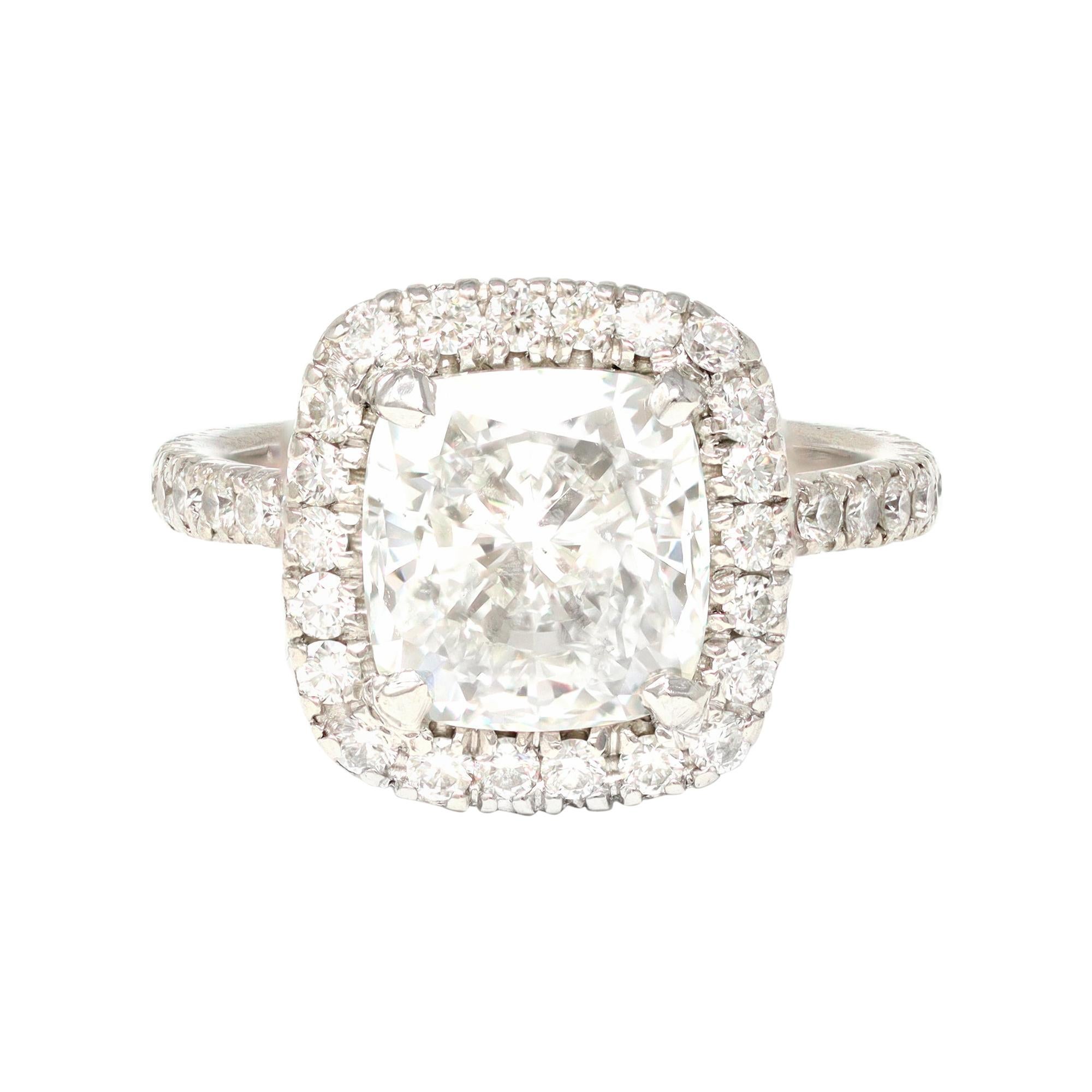 GIA Certified 3.07 Cushion Cut Solitaire Diamond Halo Ring in Platinum