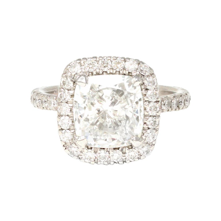 GIA Certified 3.07 Cushion Cut Solitaire Diamond Halo Ring in Platinum For  Sale at 1stDibs