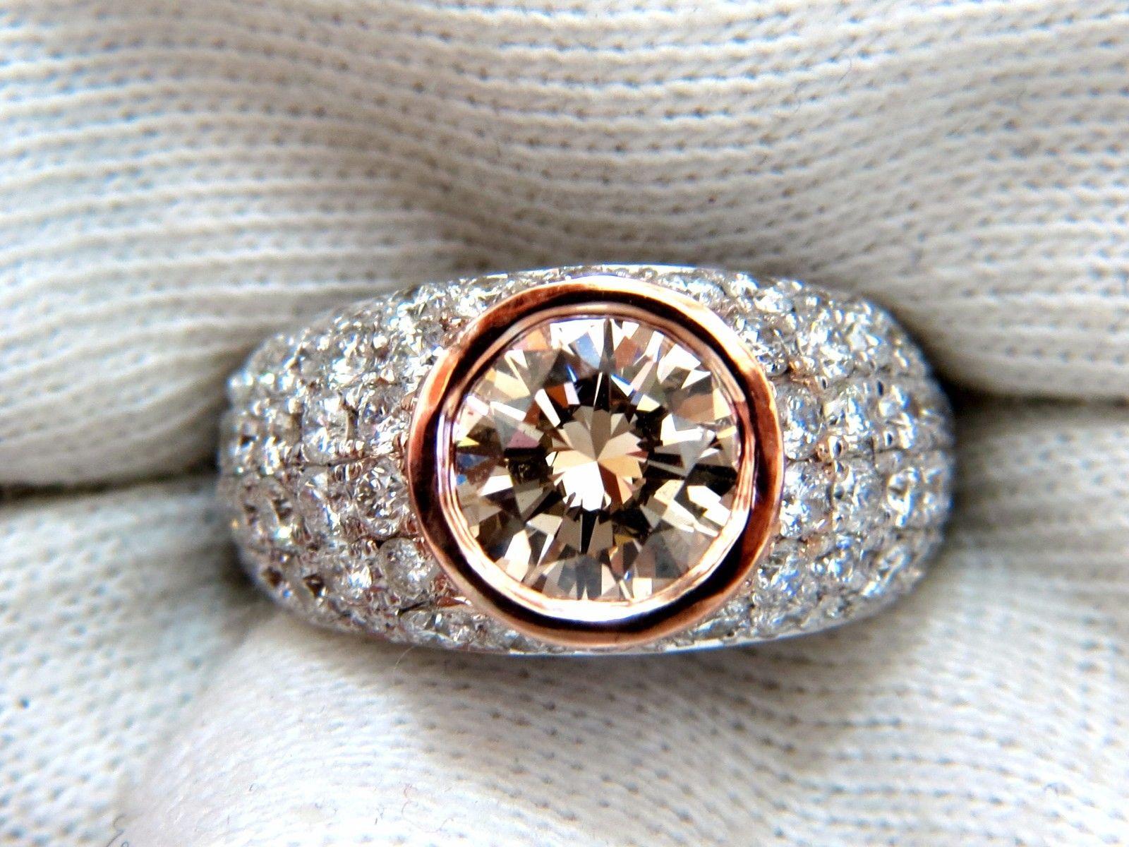GIA Certified 3.08 Carat Fancy Light Brown Round Cut Diamond Ring 14 Karat For Sale 2