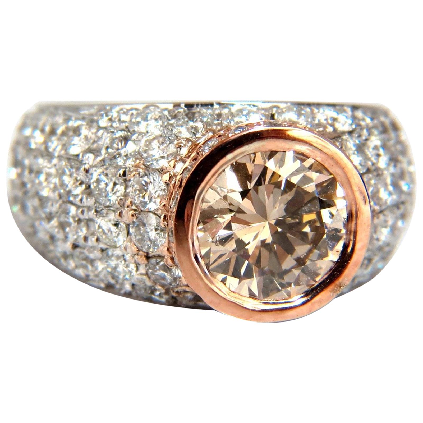 GIA Certified 3.08 Carat Fancy Light Brown Round Cut Diamond Ring 14 Karat For Sale