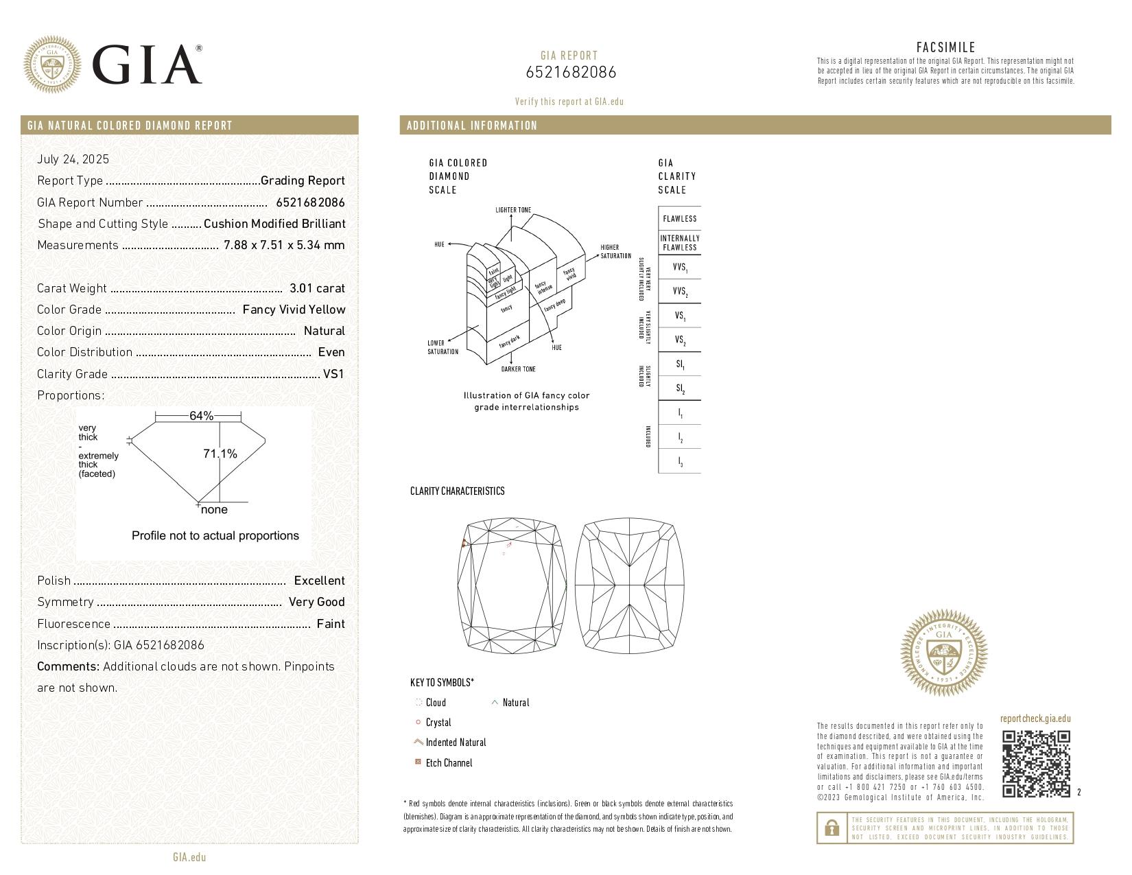 Taille coussin Bague en diamant coussin certifié GIA de 3,04 carats de couleur Vivid Diamonds en jaune 18 carats en vente