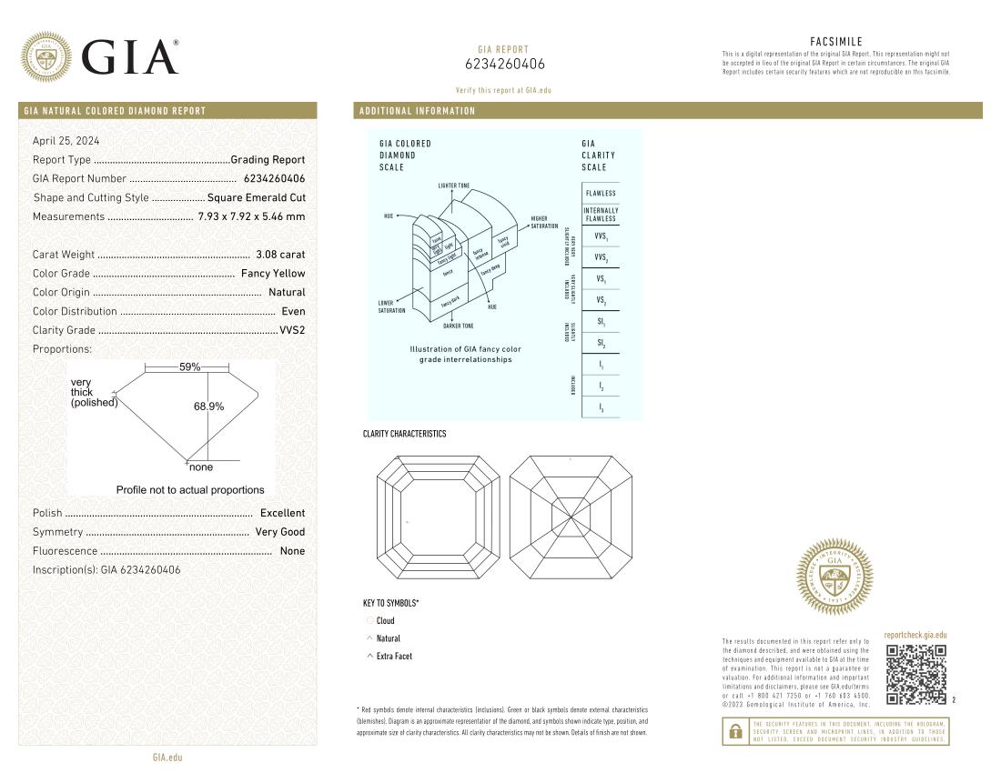 Women's or Men's GIA Certified 3.08 Carat Fancy Yellow Asscher Cut Diamond Ring For Sale