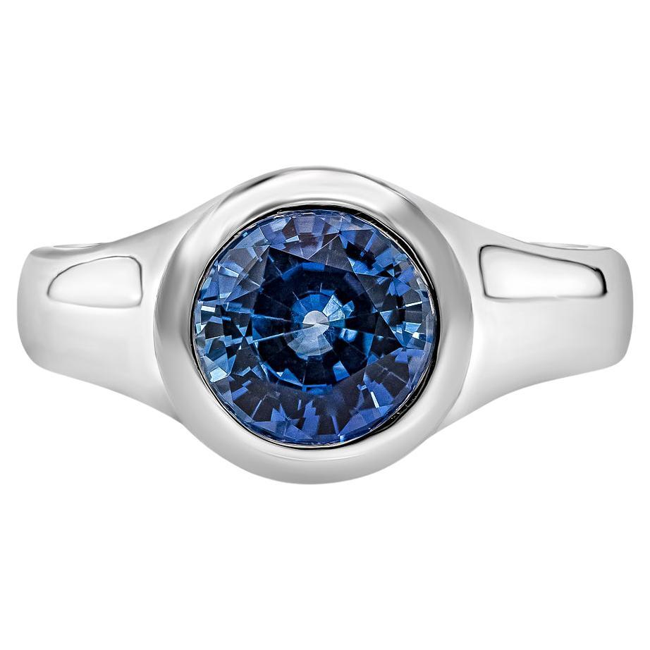 GIA Certified 3.08 Carat Round Blue Sapphire Bezel Set Solitaire Men's Ring
