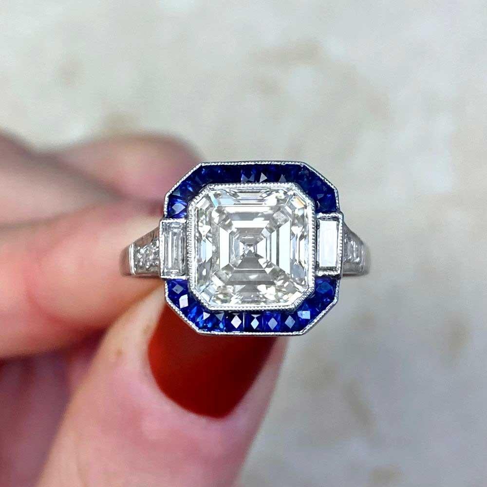 GIA-Certified 3.08ct Asscher Cut Diamond Engagement Ring, Sapphire Halo, VVS1 For Sale 5